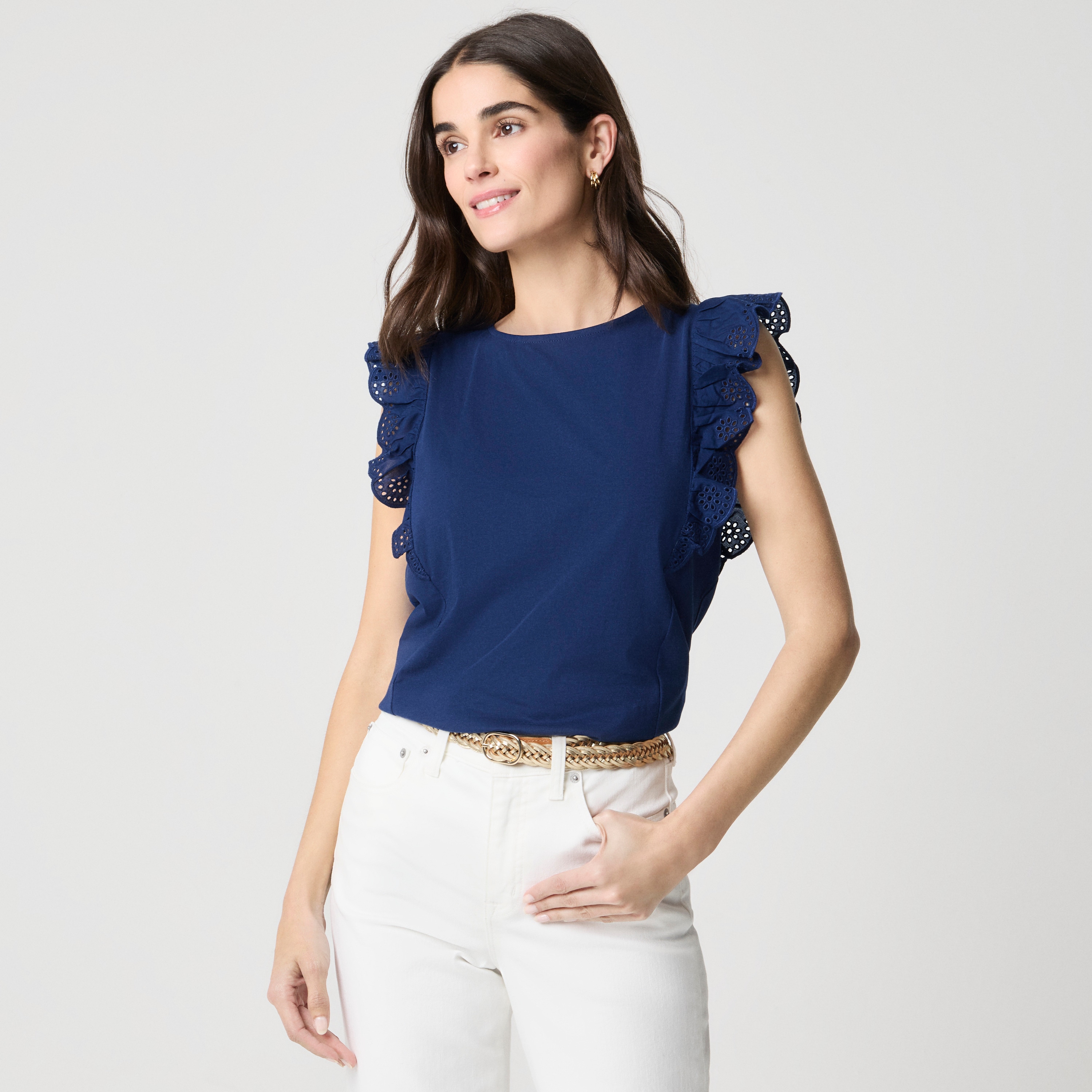 Eyelet flutter-sleeve tank top