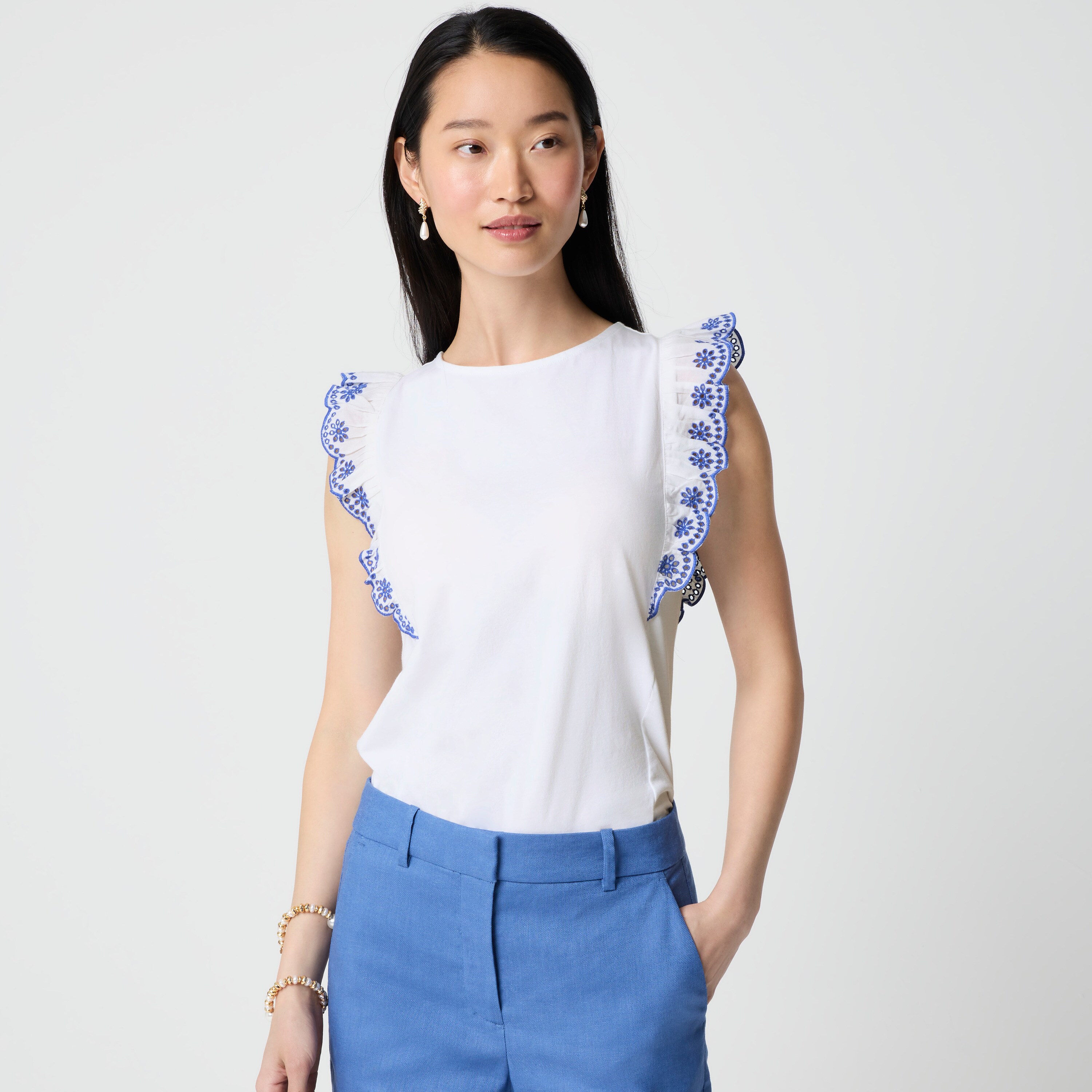Eyelet flutter-sleeve tank top