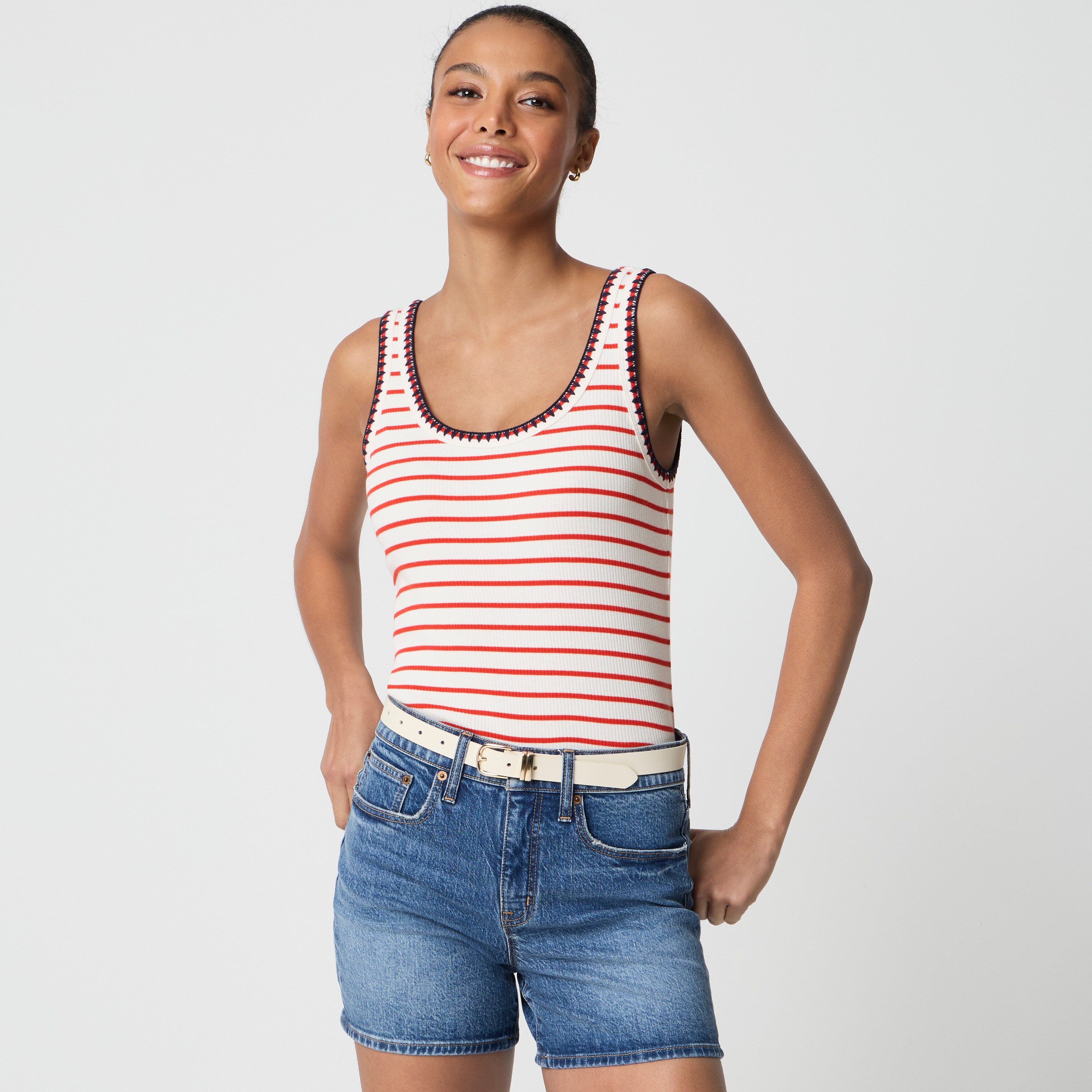 リミフゥ　20/-C Plain Stitch Chest Slit Tank Striped Blanket-stitch Tank Top For Women | Factory