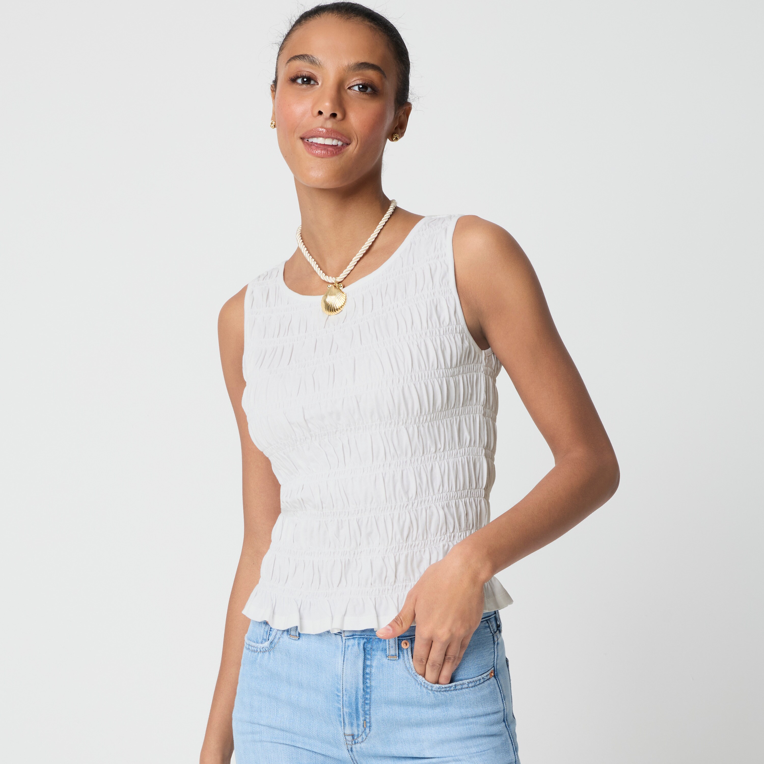 トップス jentlouis Neck Piercing Tank Top white Smocked Tank Top For Women | Factory