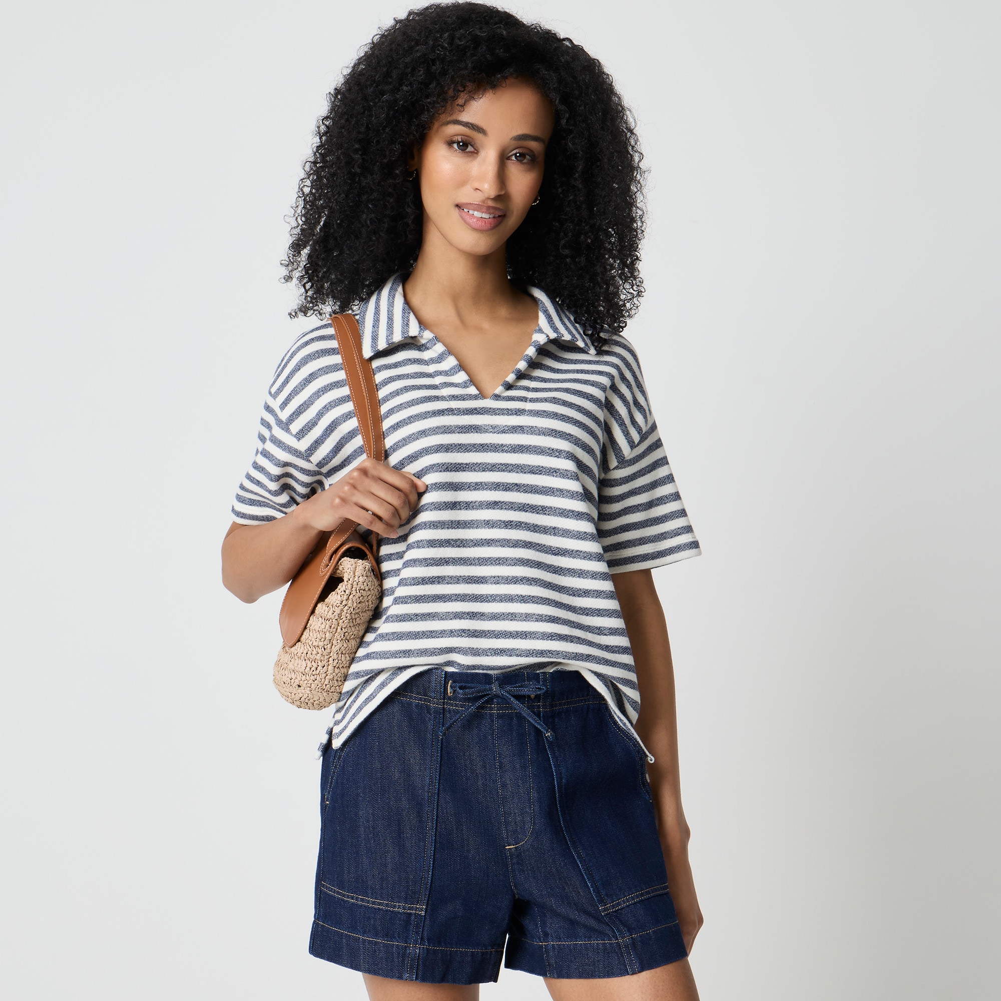 Striped short-sleeve terry polo sweatshirt