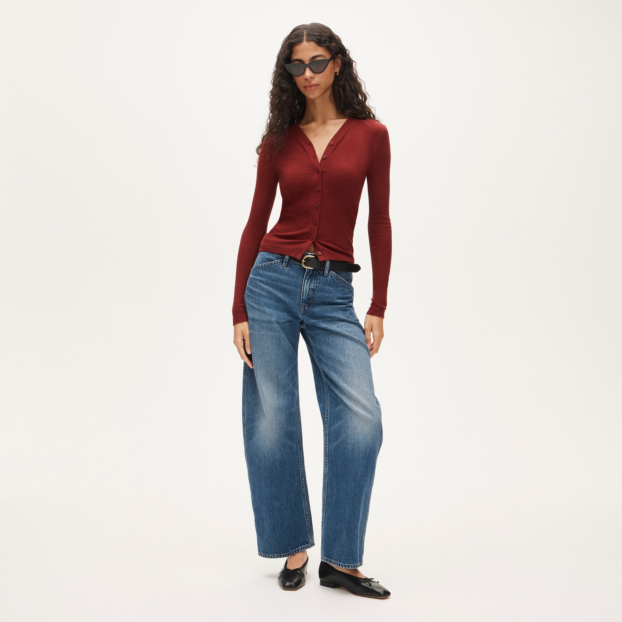Lightweight rib high V-neck cardigan top
