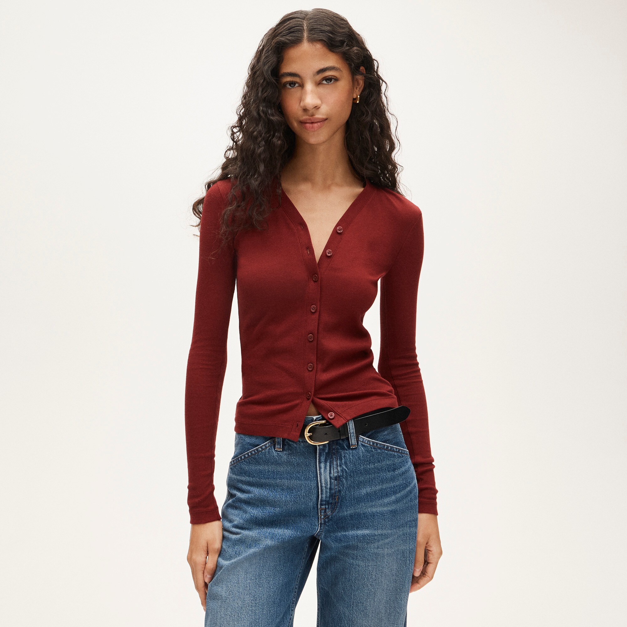 Lightweight rib high V-neck cardigan top