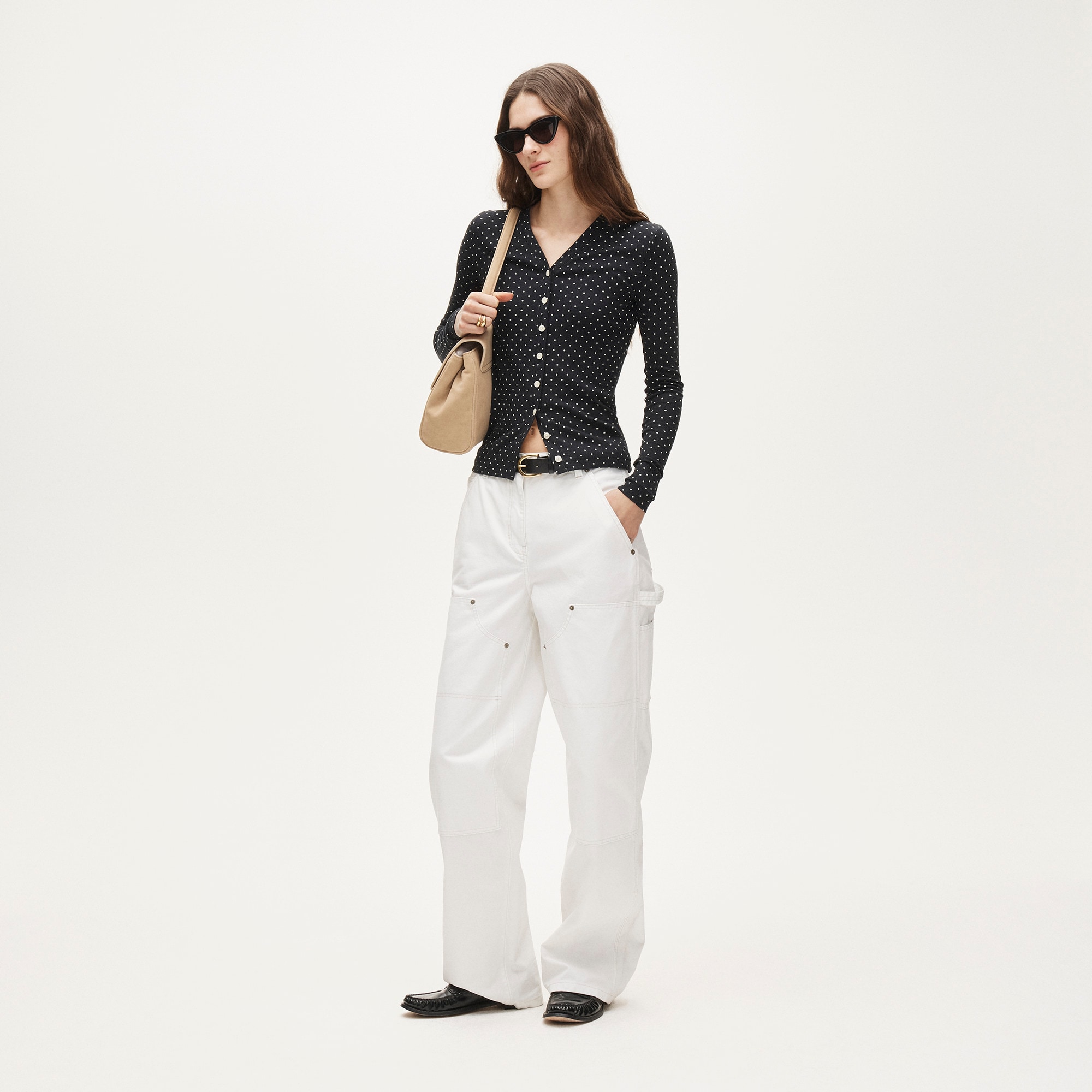 Lightweight rib high V-neck cardigan top in dot print