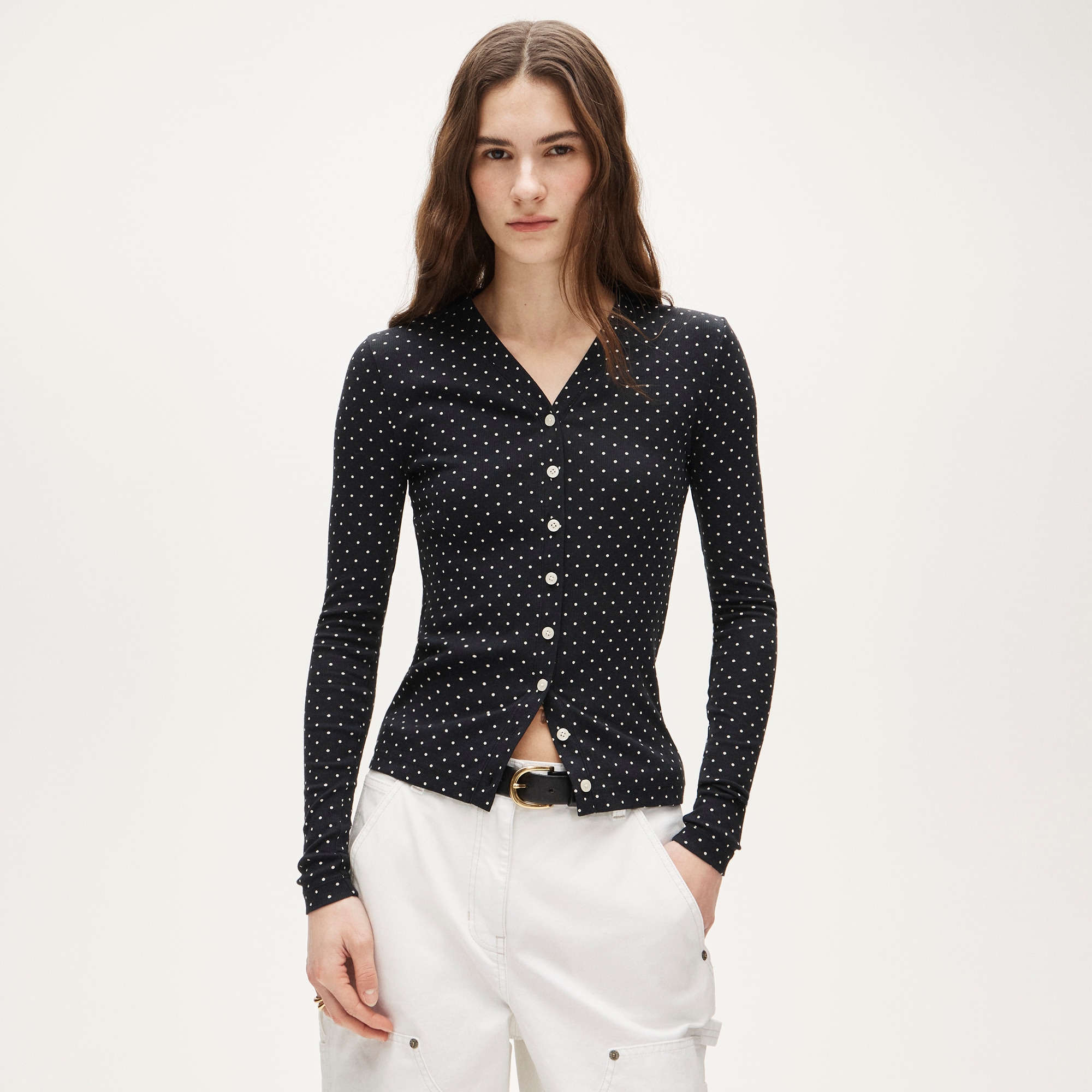 Lightweight rib high V-neck cardigan top in dot print