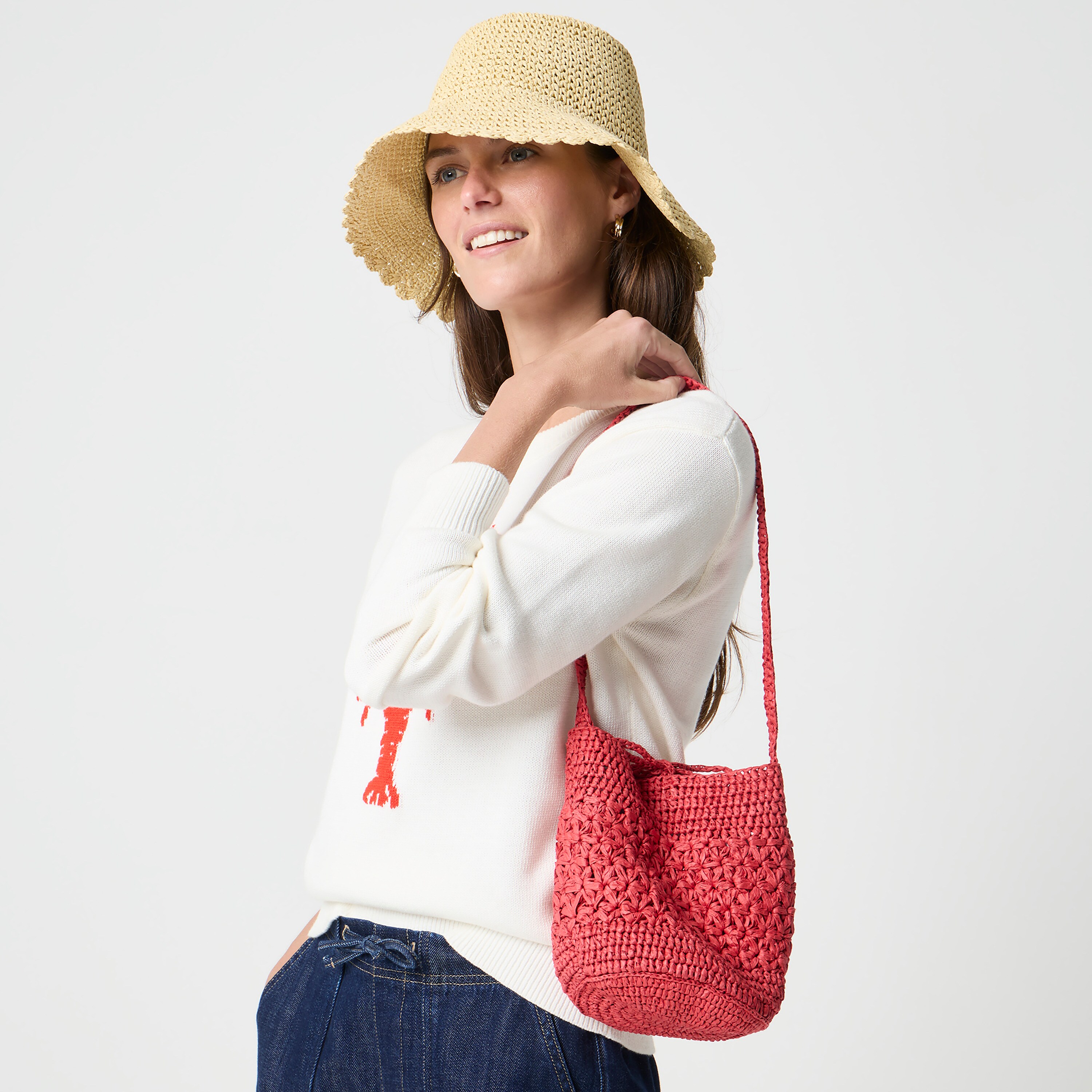 Floral woven bucket bag