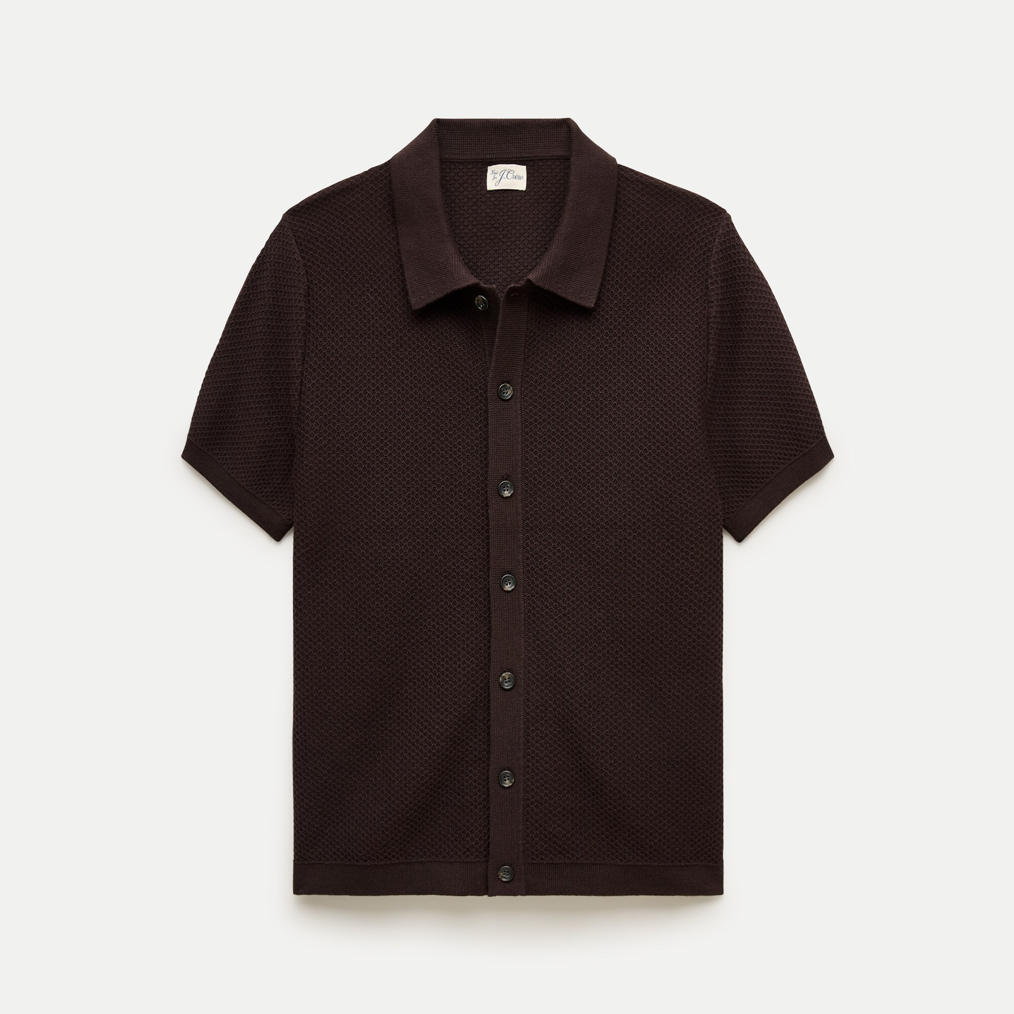 Short-sleeve texture-stitch polo cardigan sweater in cotton