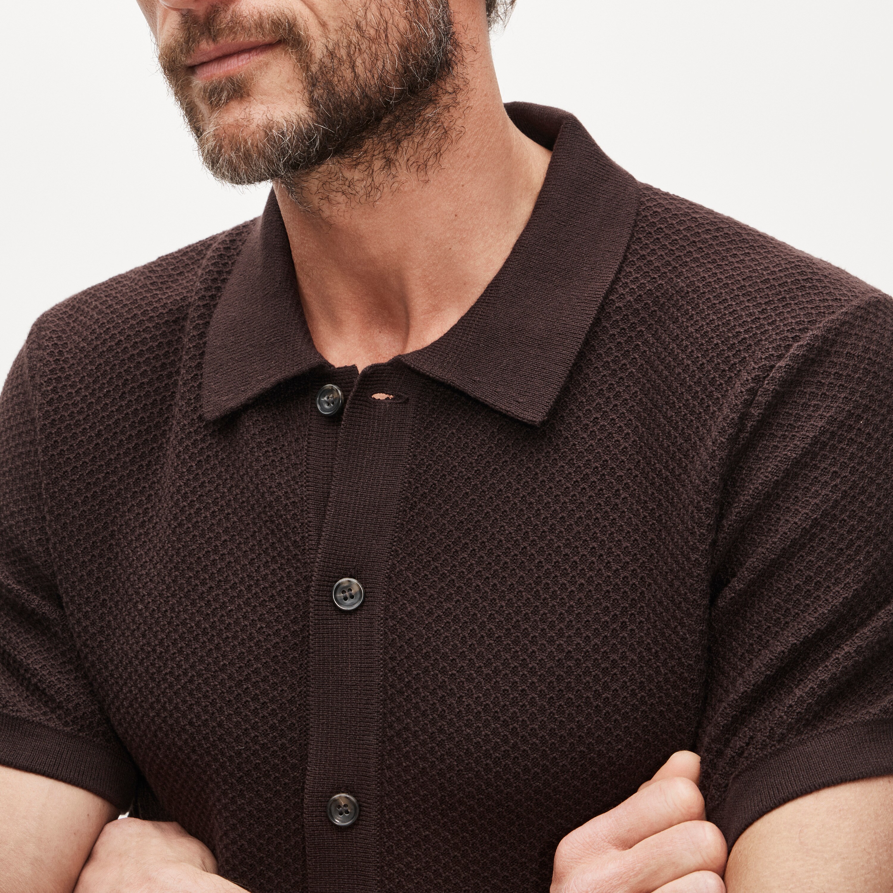 Short-sleeve Texture-stitch Polo Cardigan Sweater In Cotton For