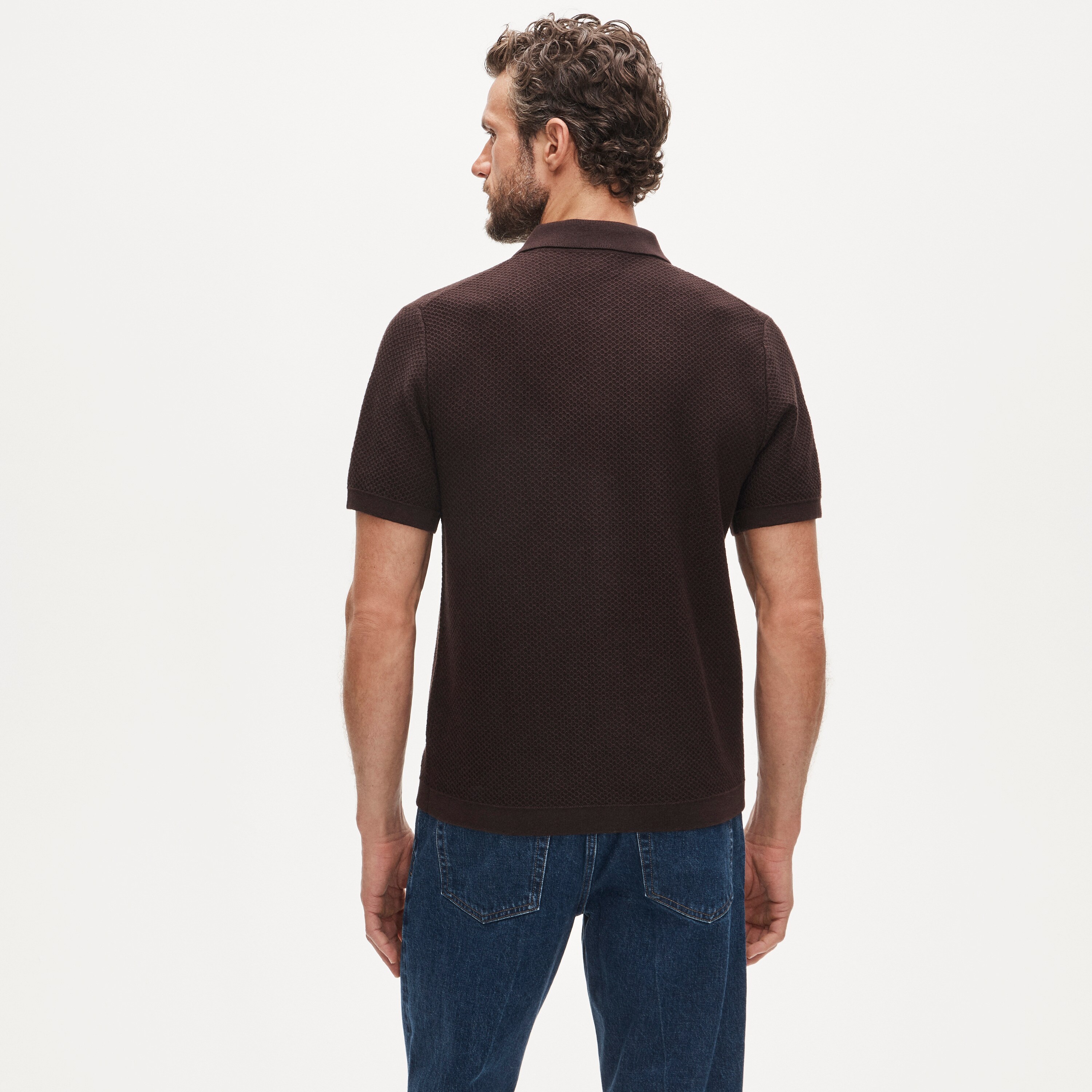 Short-sleeve texture-stitch polo cardigan sweater in cotton