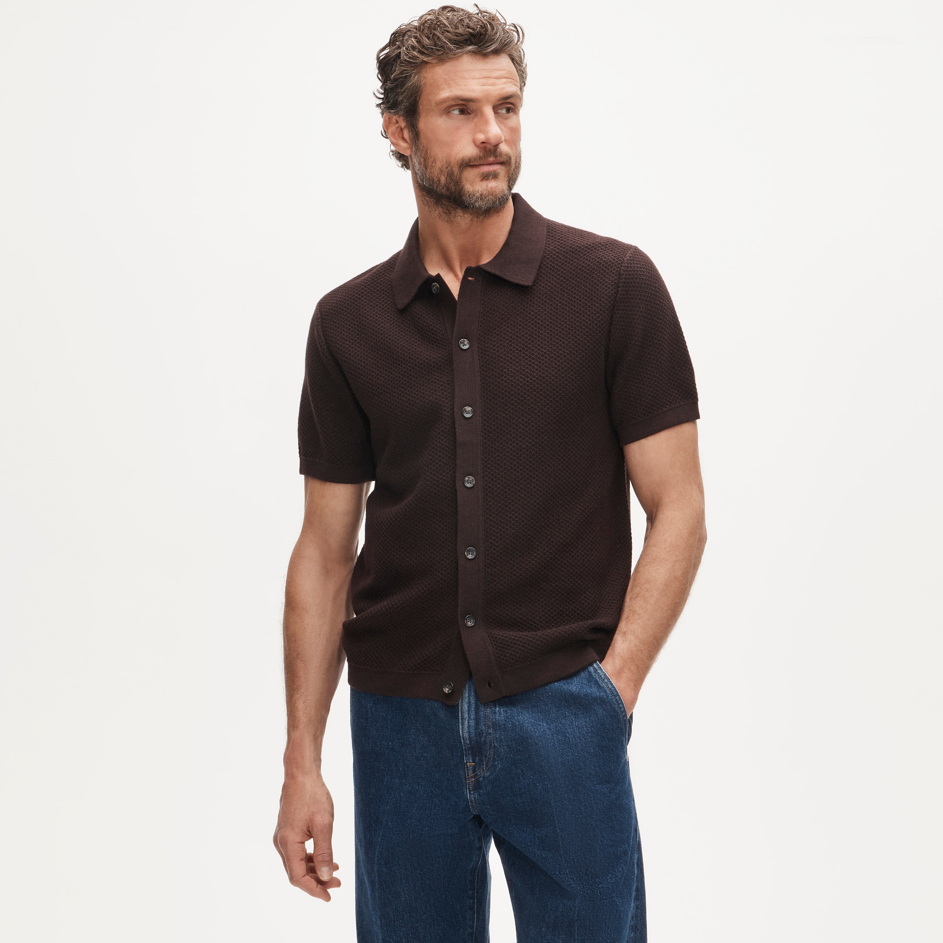 Short-sleeve texture-stitch polo cardigan sweater in cotton