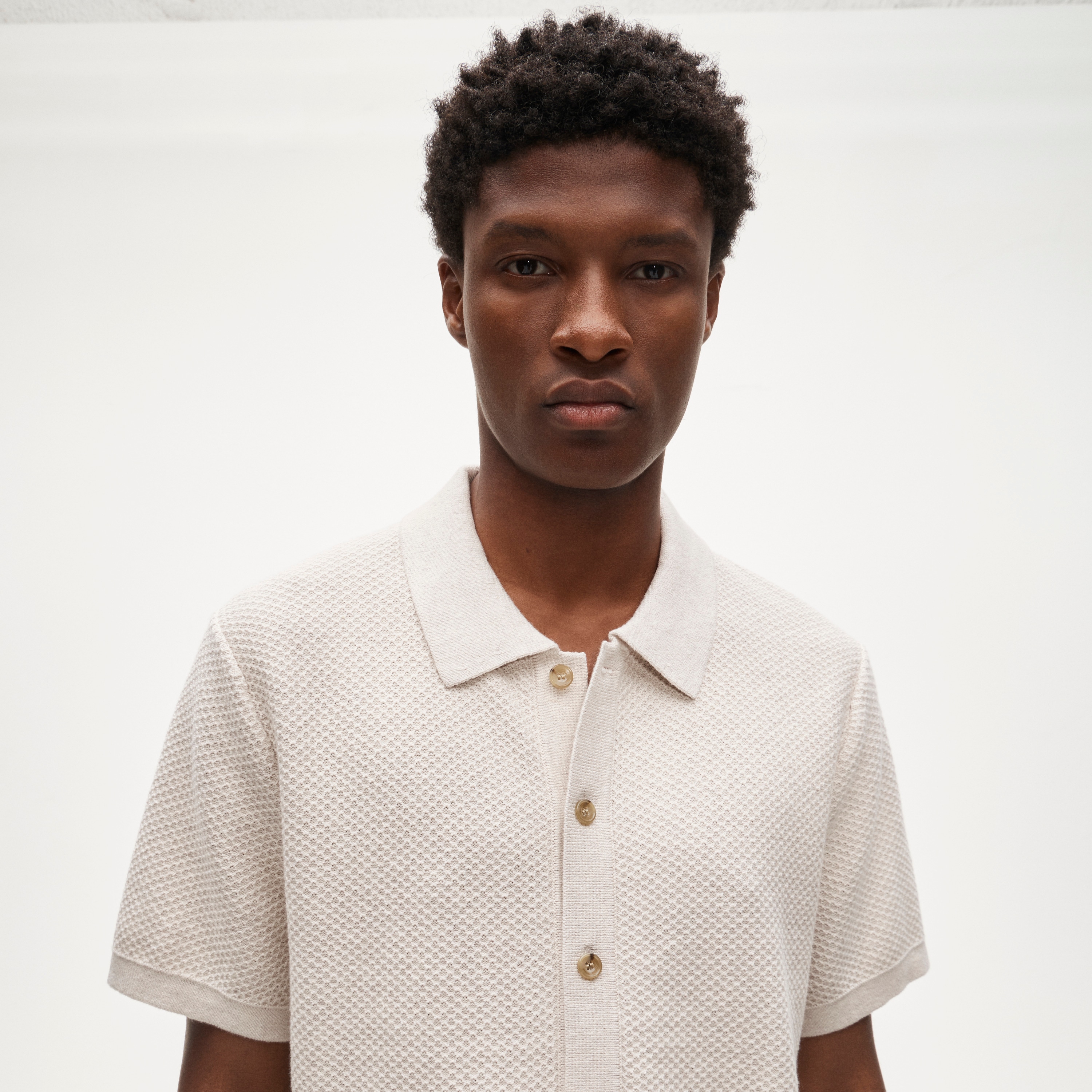 Short-sleeve Texture-stitch Polo Cardigan Sweater In Cotton For
