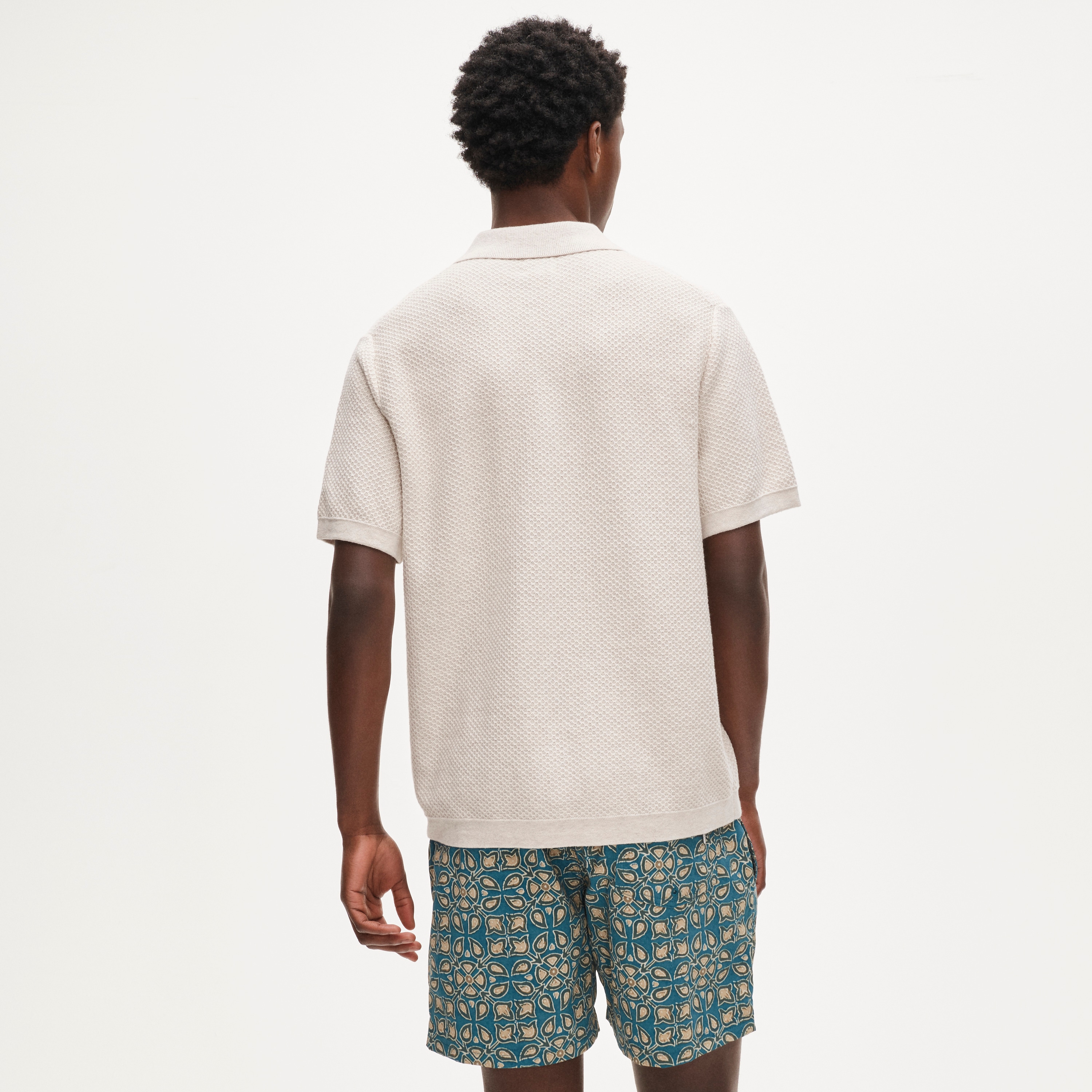 Short-sleeve texture-stitch polo cardigan sweater in cotton