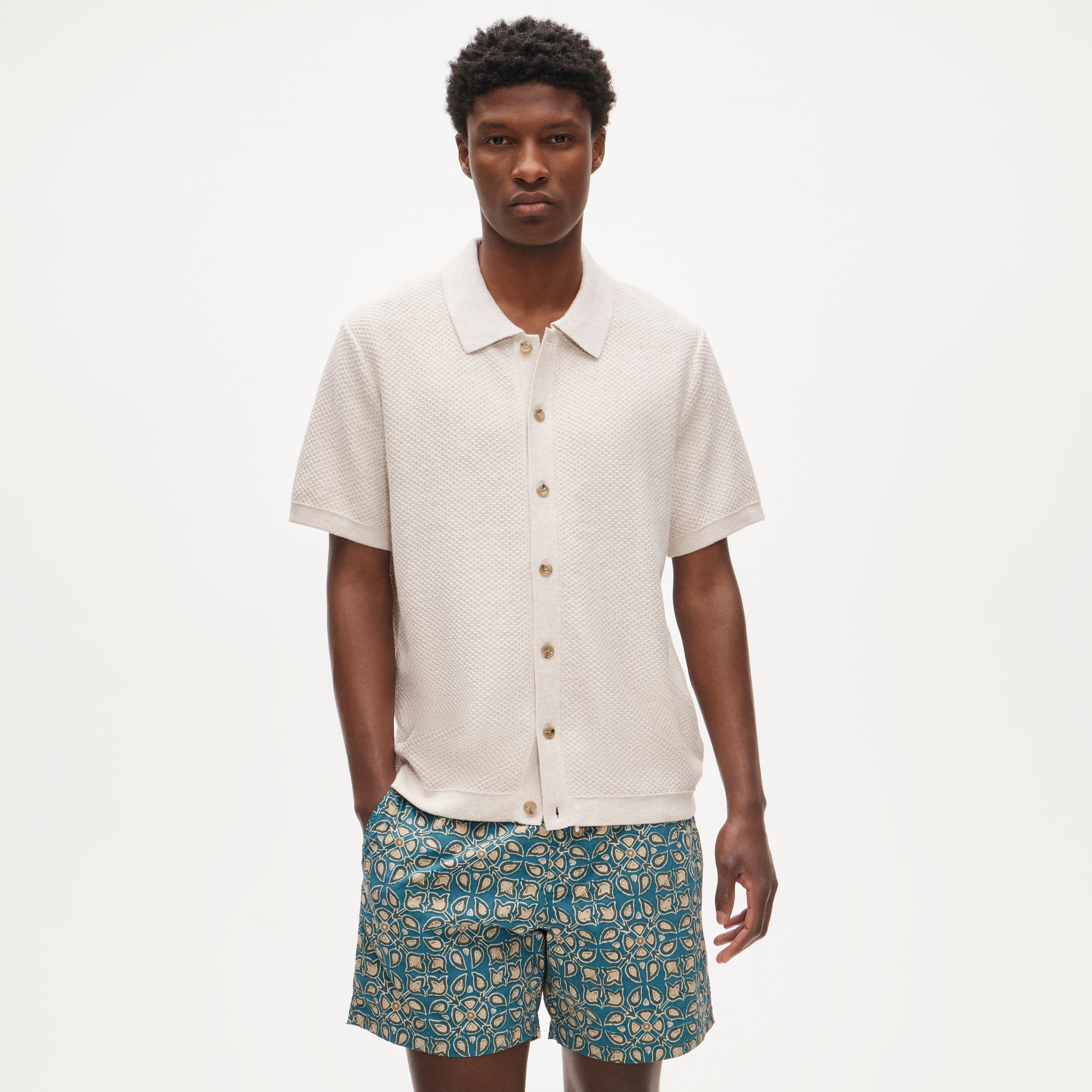 Short-sleeve texture-stitch polo cardigan sweater in cotton
