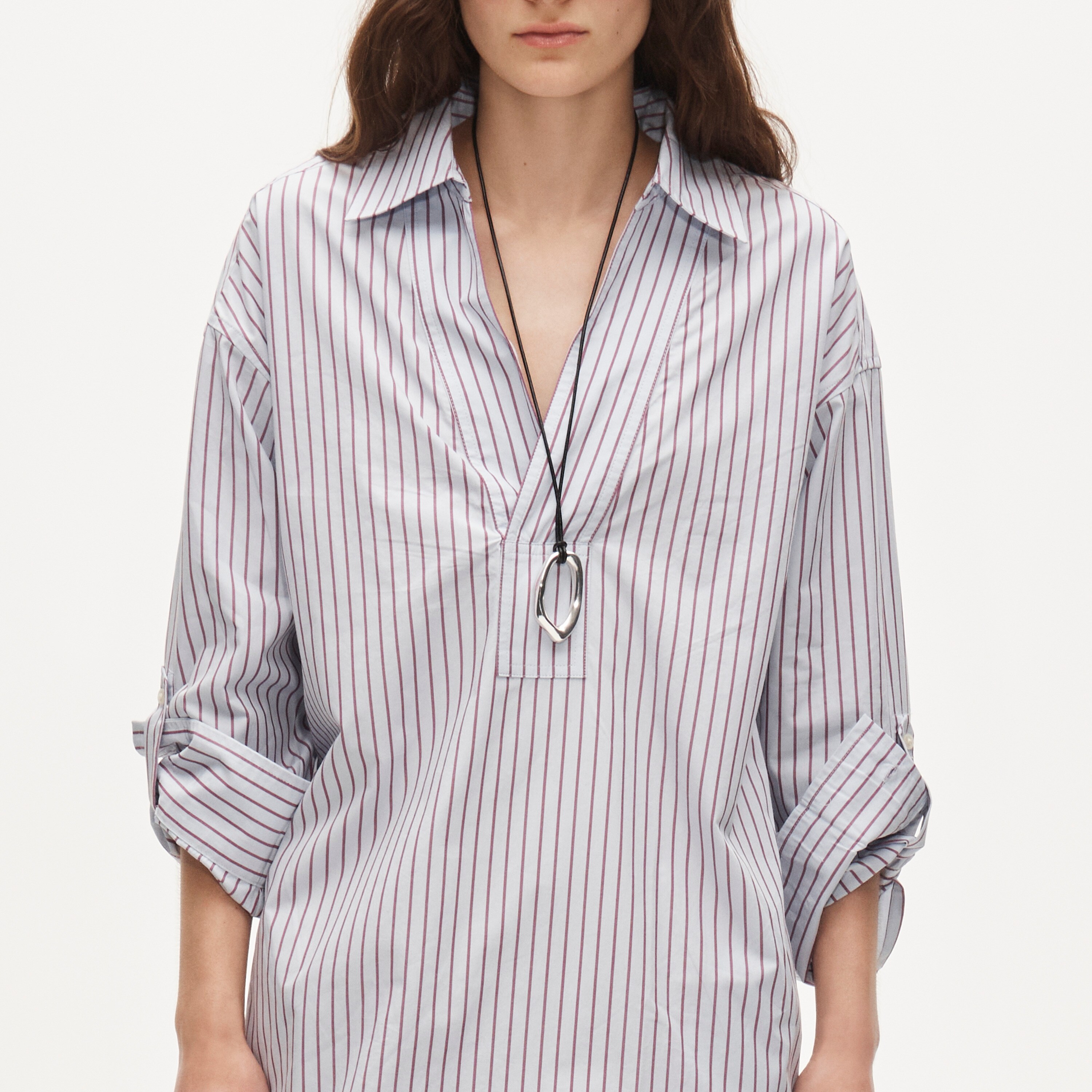 V-neck popover dress in striped cotton poplin