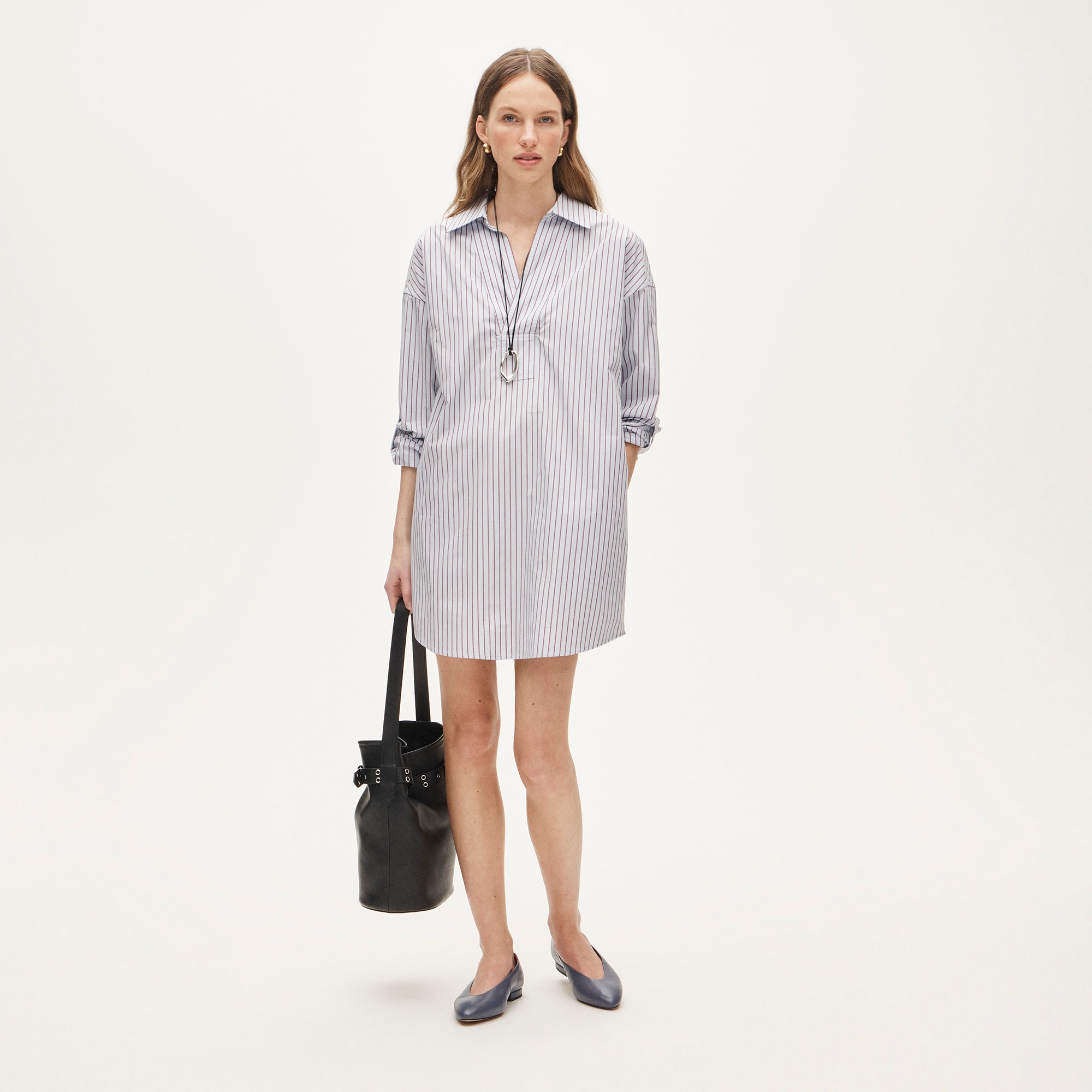 Petite V-neck popover dress in striped cotton poplin - Other