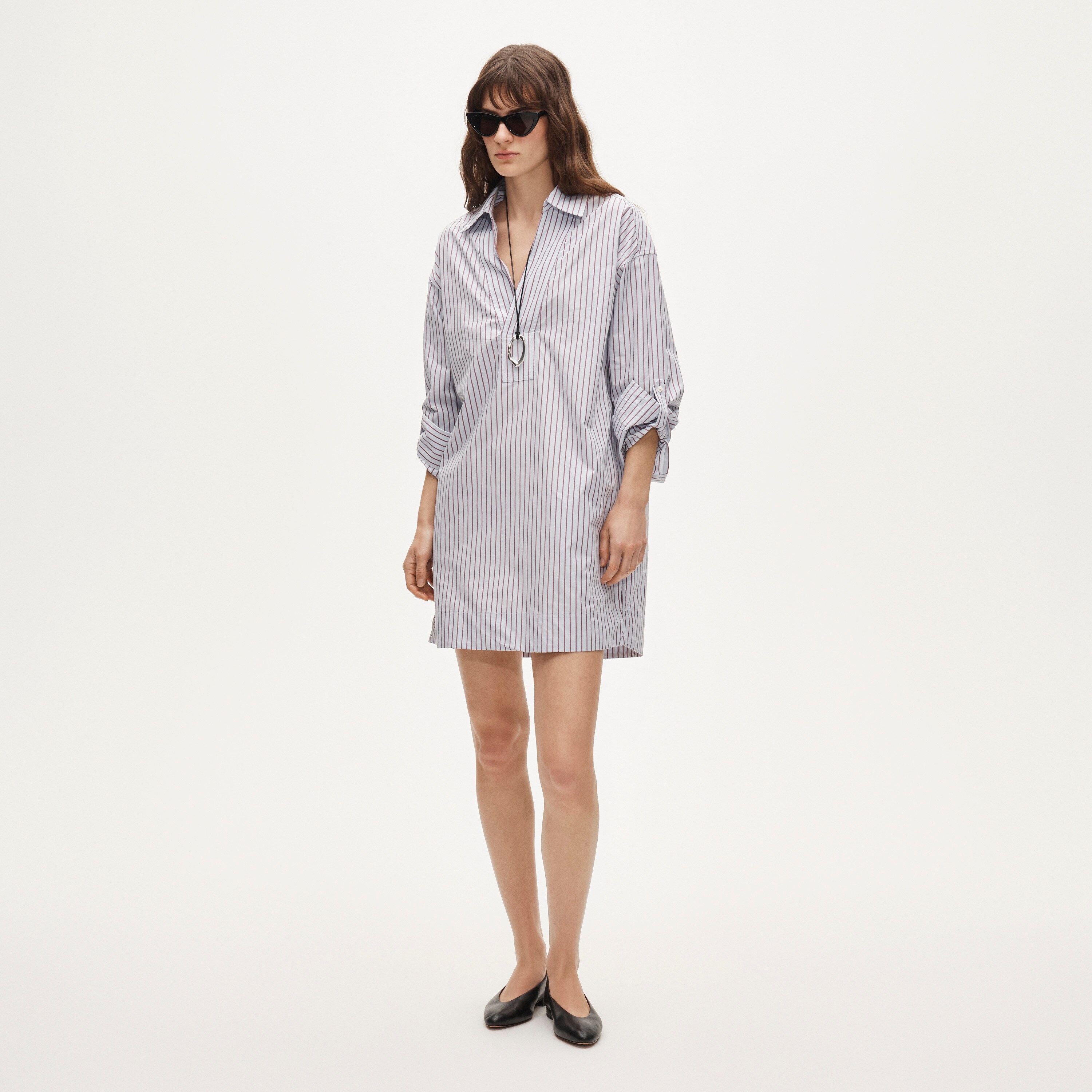 V-neck popover dress in striped cotton poplin