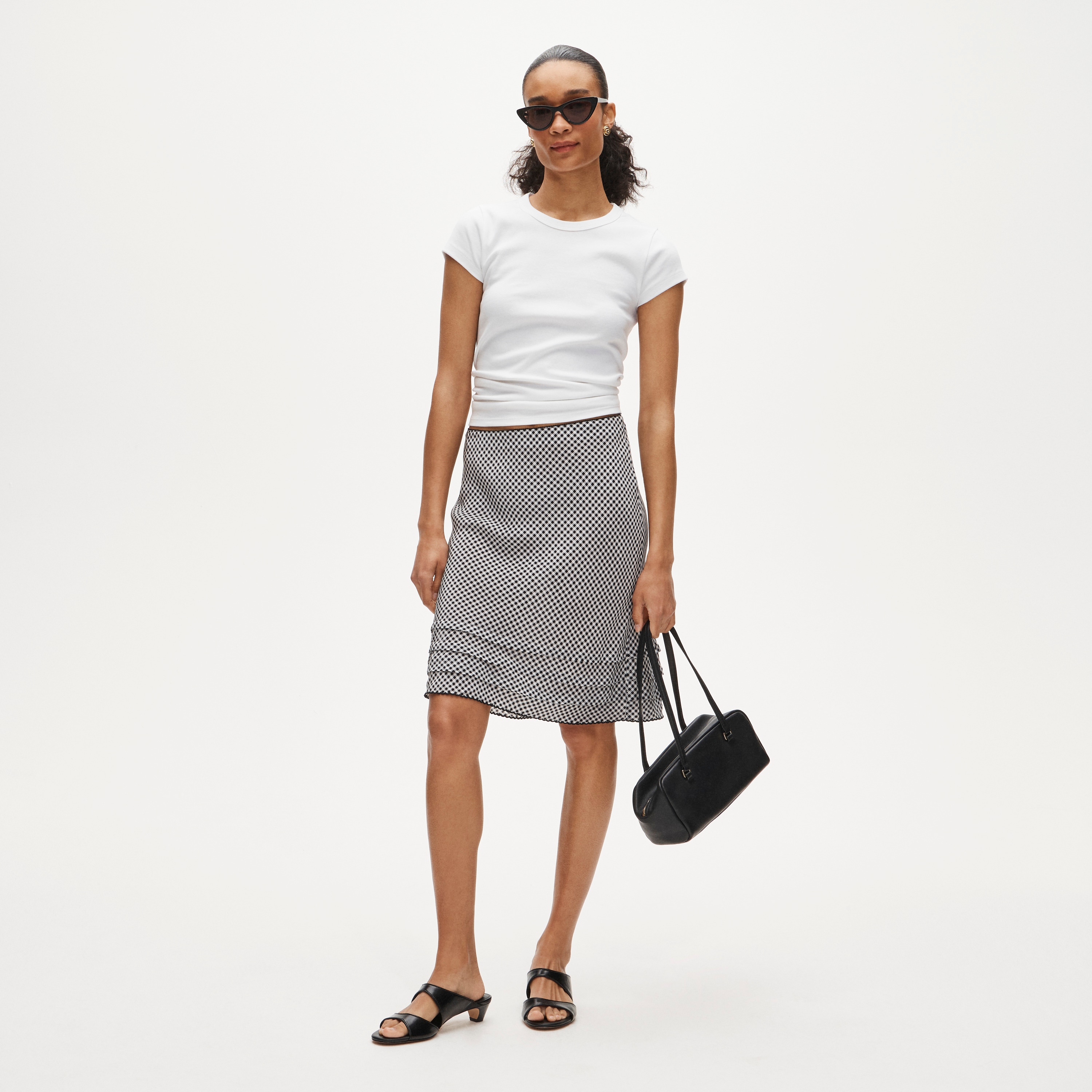 Ruffle-trim slip skirt in gingham crepe de chine