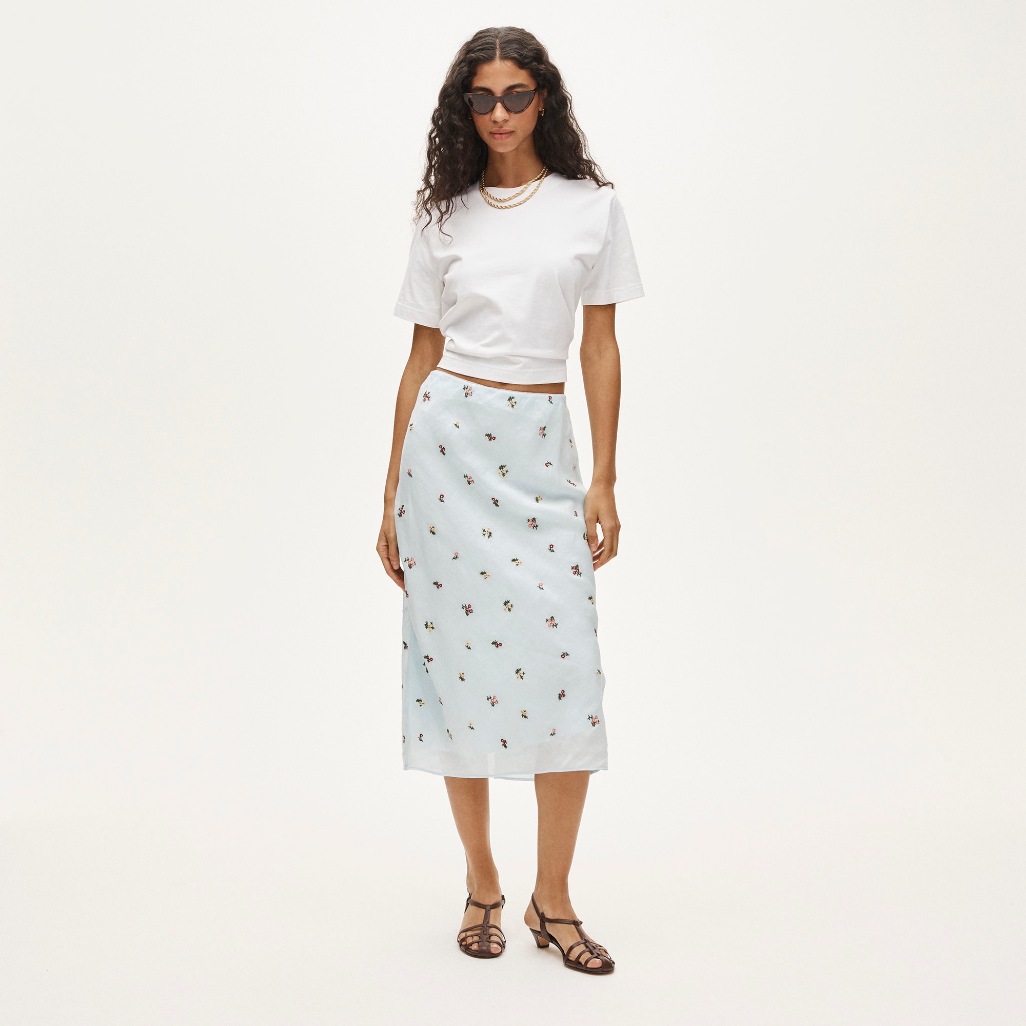 Midi slip skirt in embroidered ramie