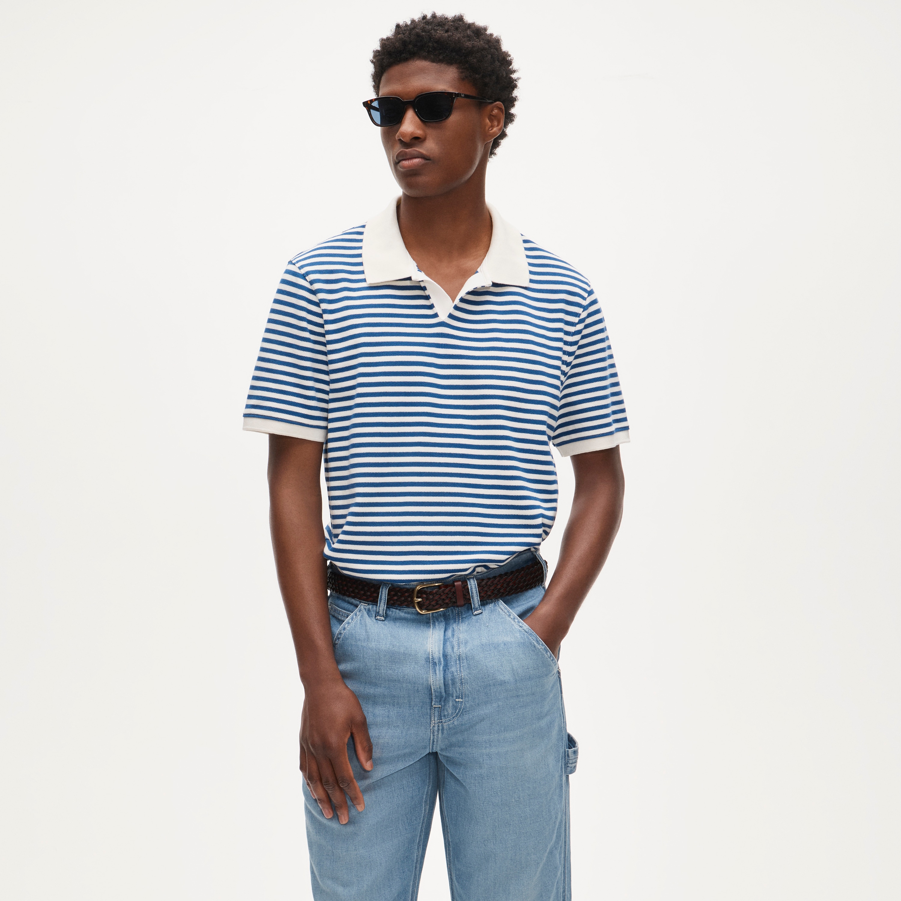 Piqué johnny-collar polo shirt in stripe