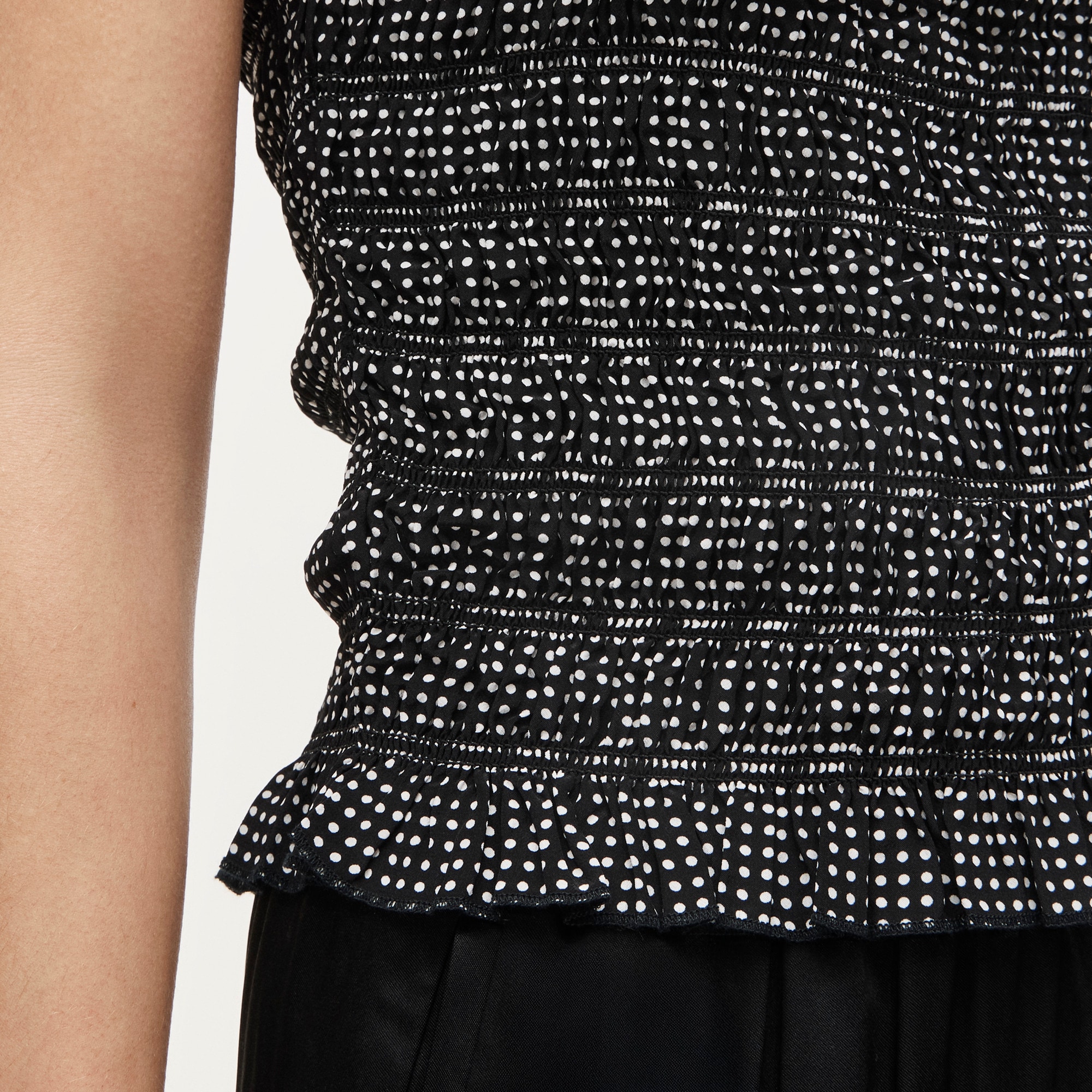 Smocked shell tank top in dot-print crepe de chine