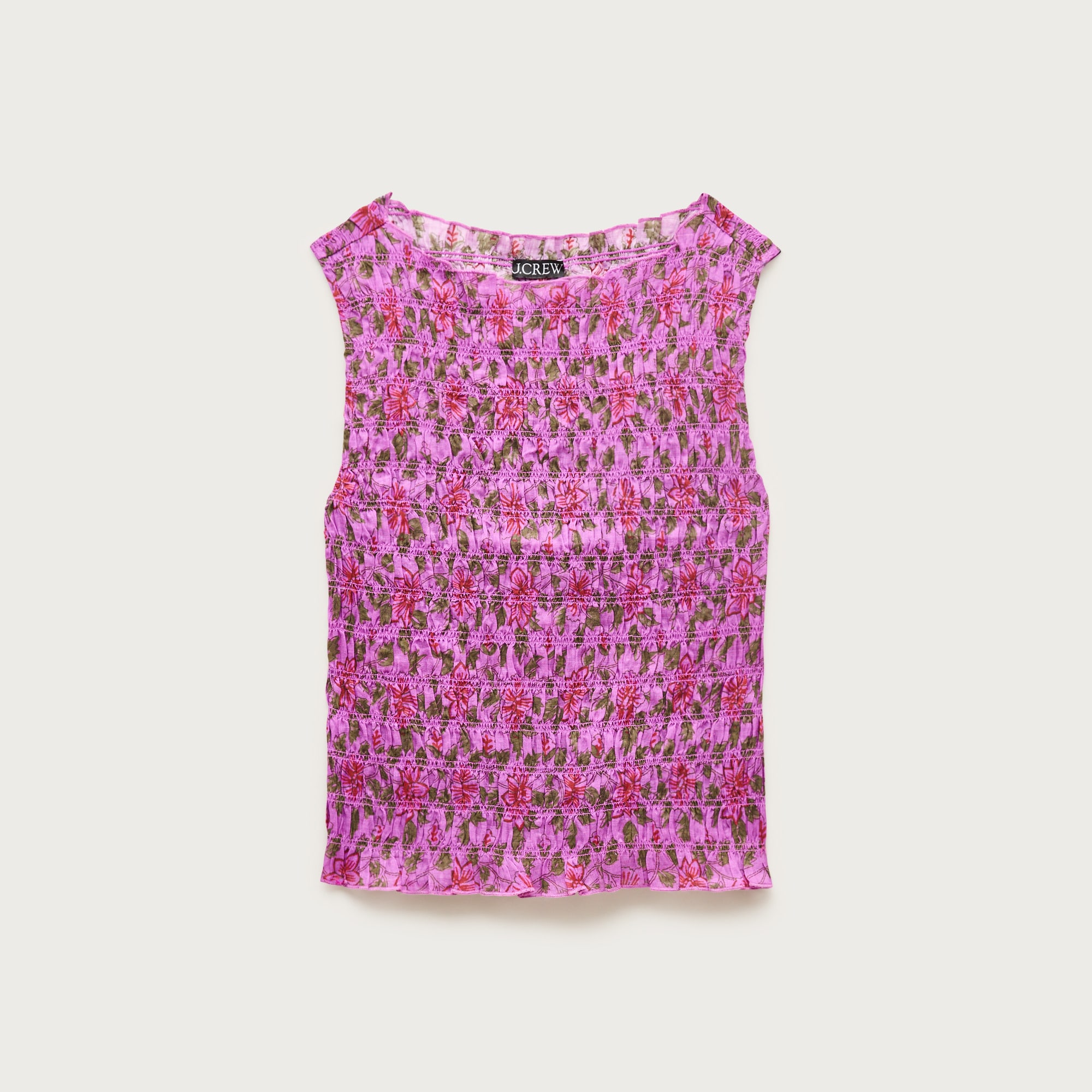 Smocked shell tank top in floral-print ramie
