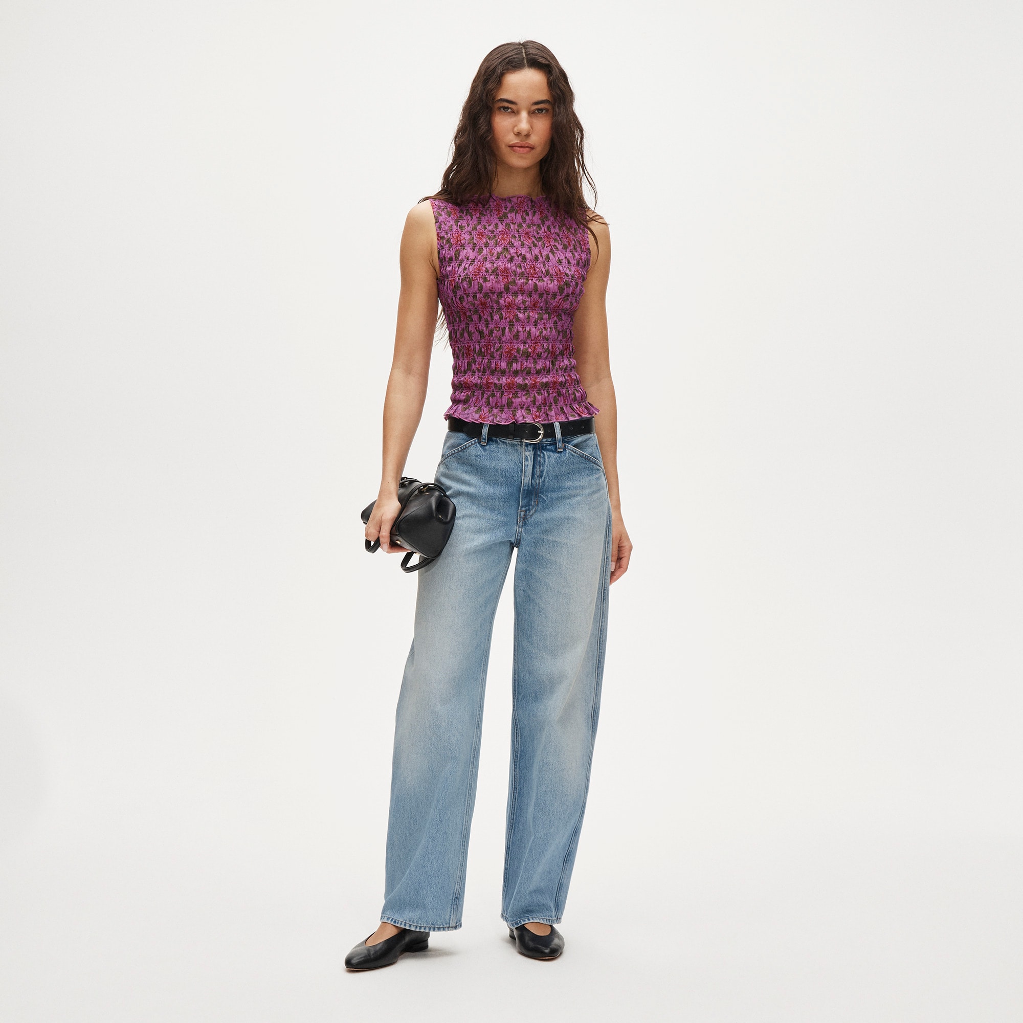 Smocked shell tank top in floral-print ramie