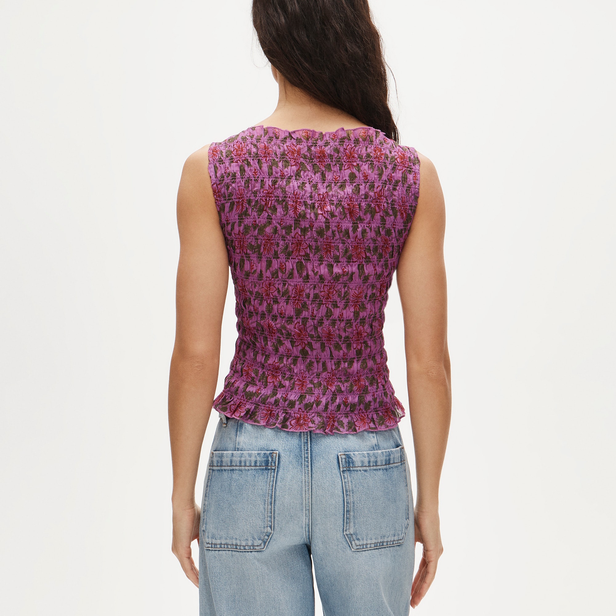 Smocked shell tank top in floral-print ramie