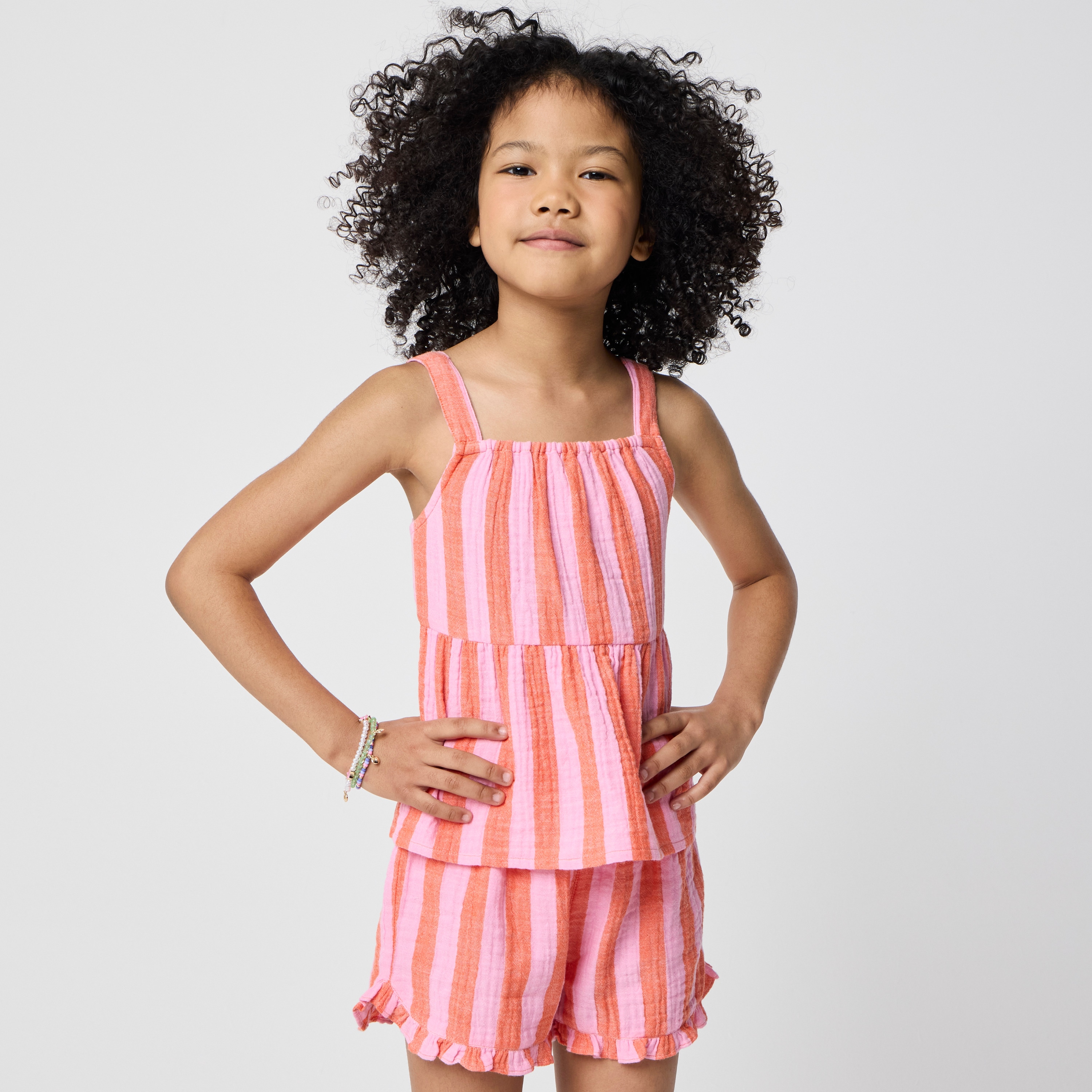 Girls' striped gauze peplum tank top
