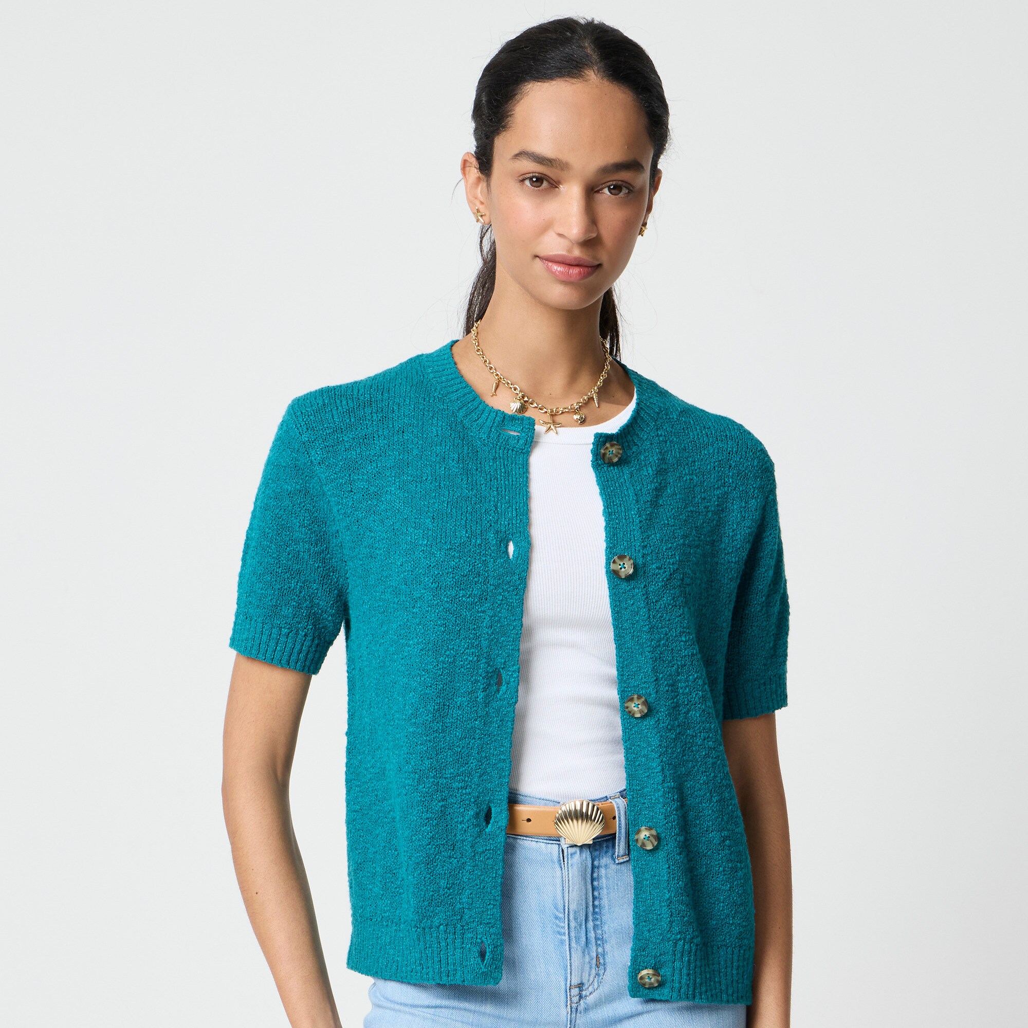 Short-sleeve slub cardigan sweater