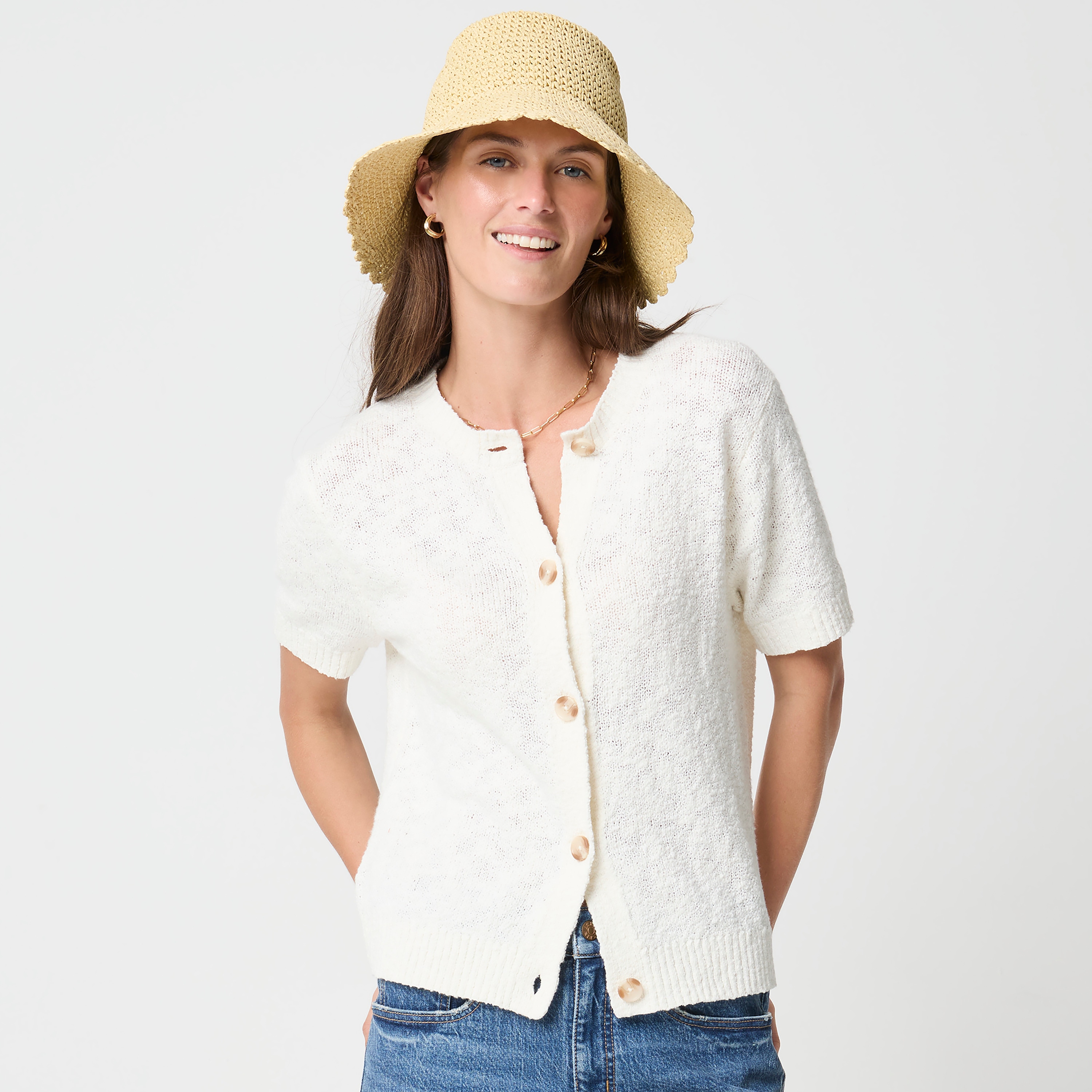 Short-sleeve slub cardigan sweater