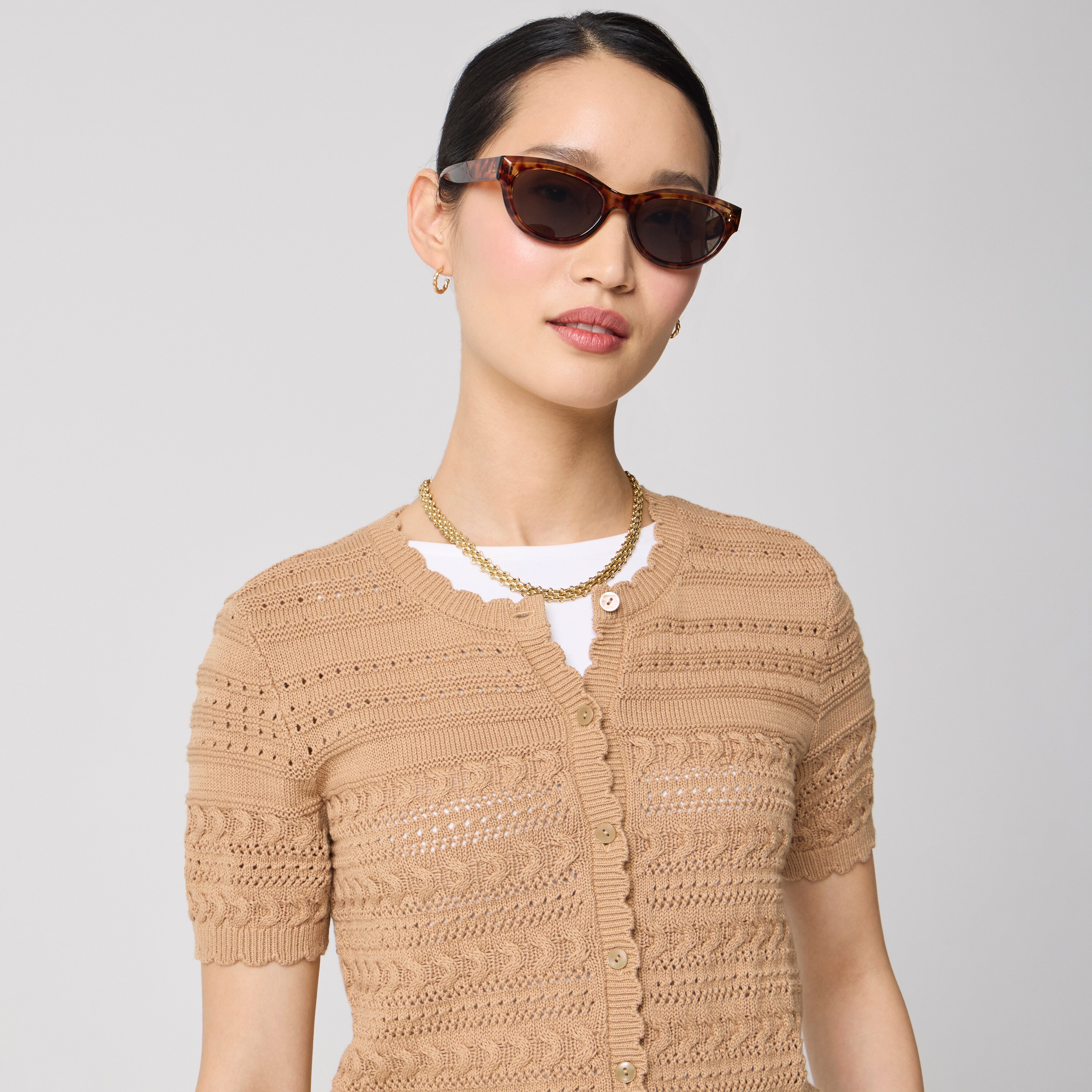 Short-sleeve pointelle cardigan sweater