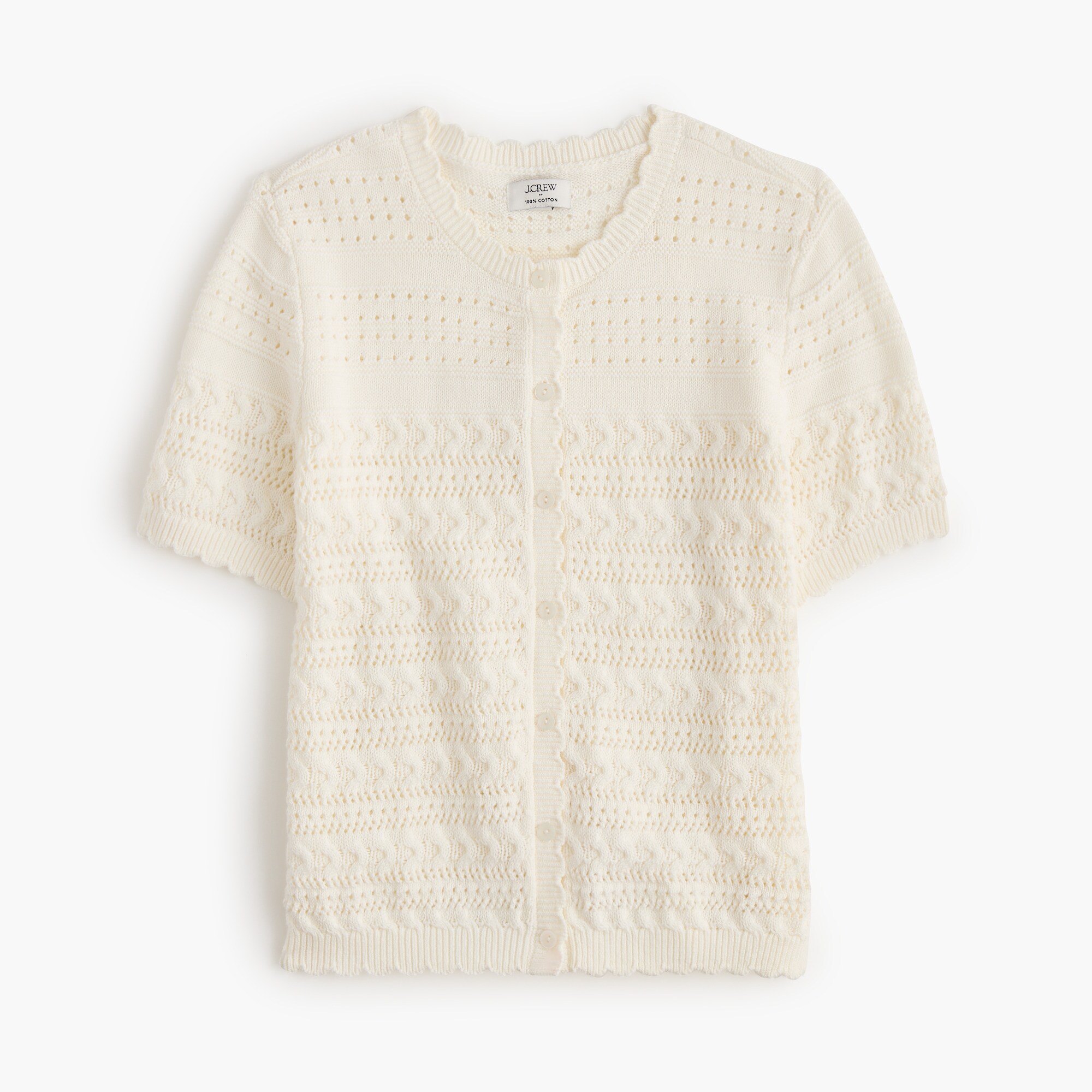 Short-sleeve pointelle cardigan sweater