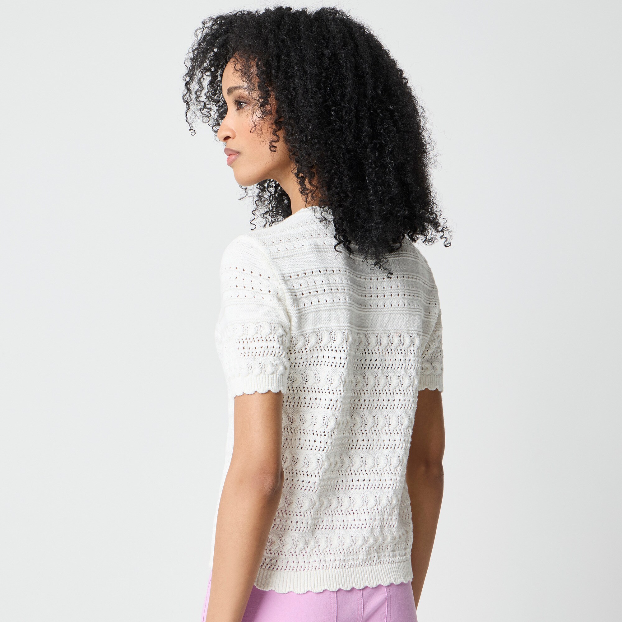 Short-sleeve pointelle cardigan sweater
