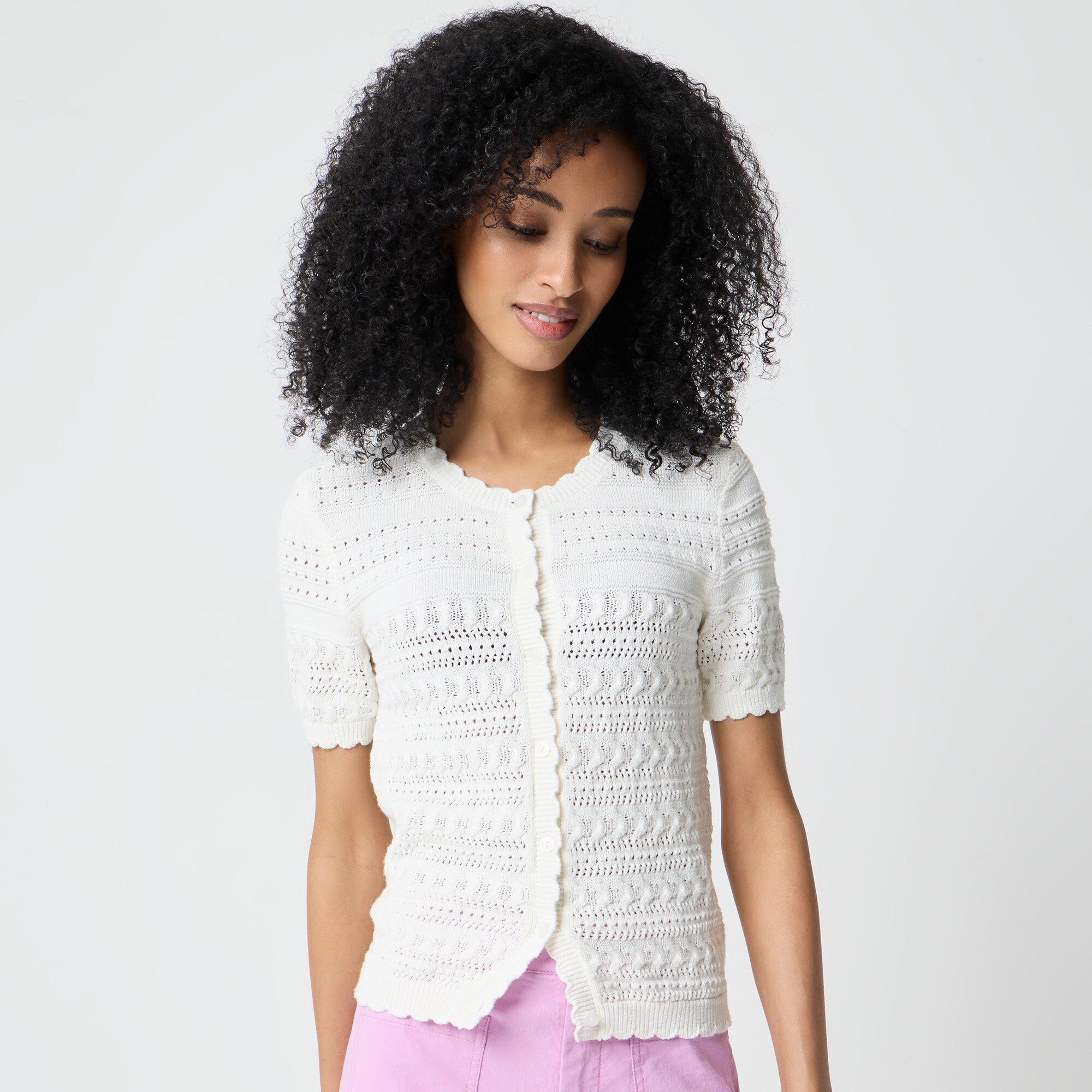 Short-sleeve pointelle cardigan sweater