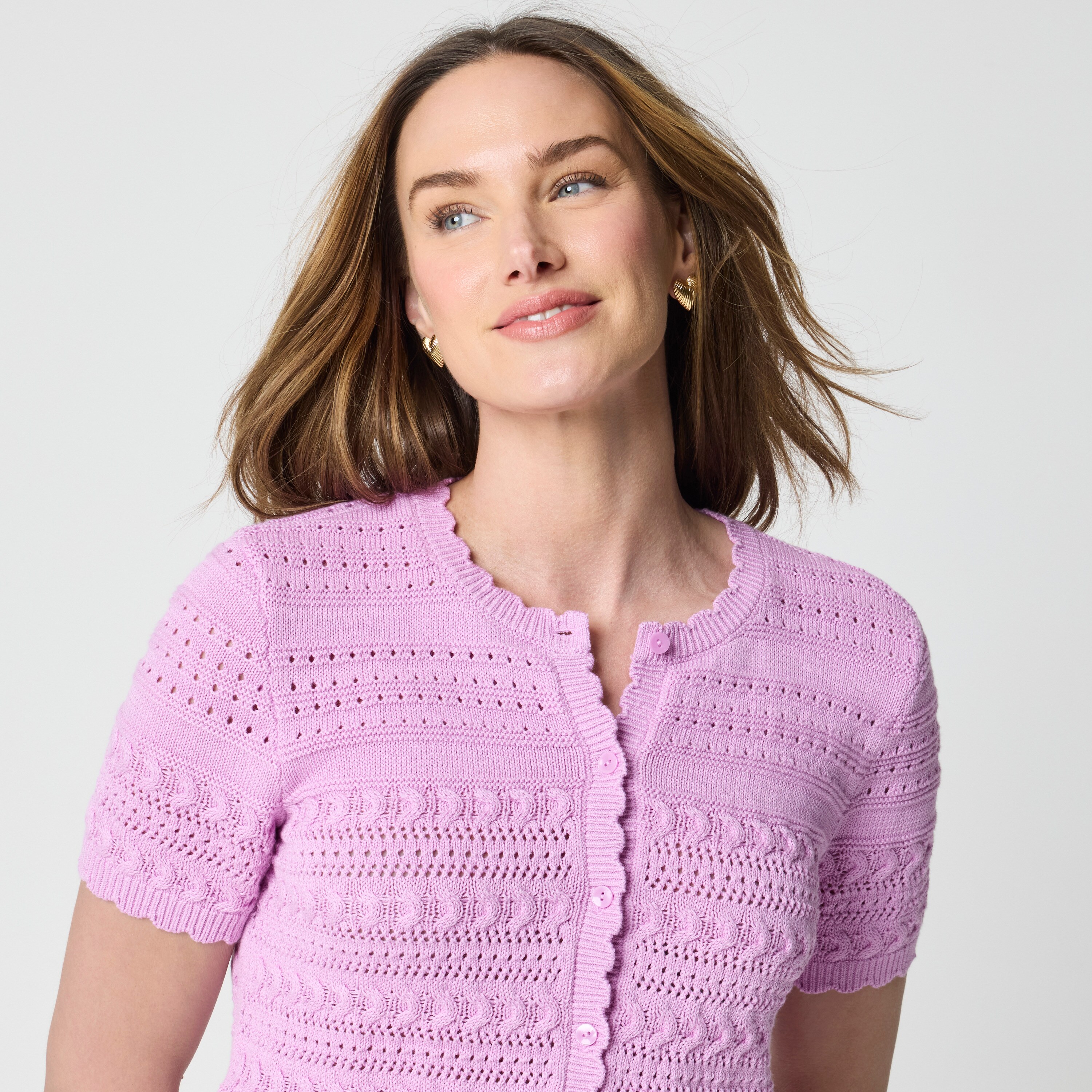 Short-sleeve pointelle cardigan sweater
