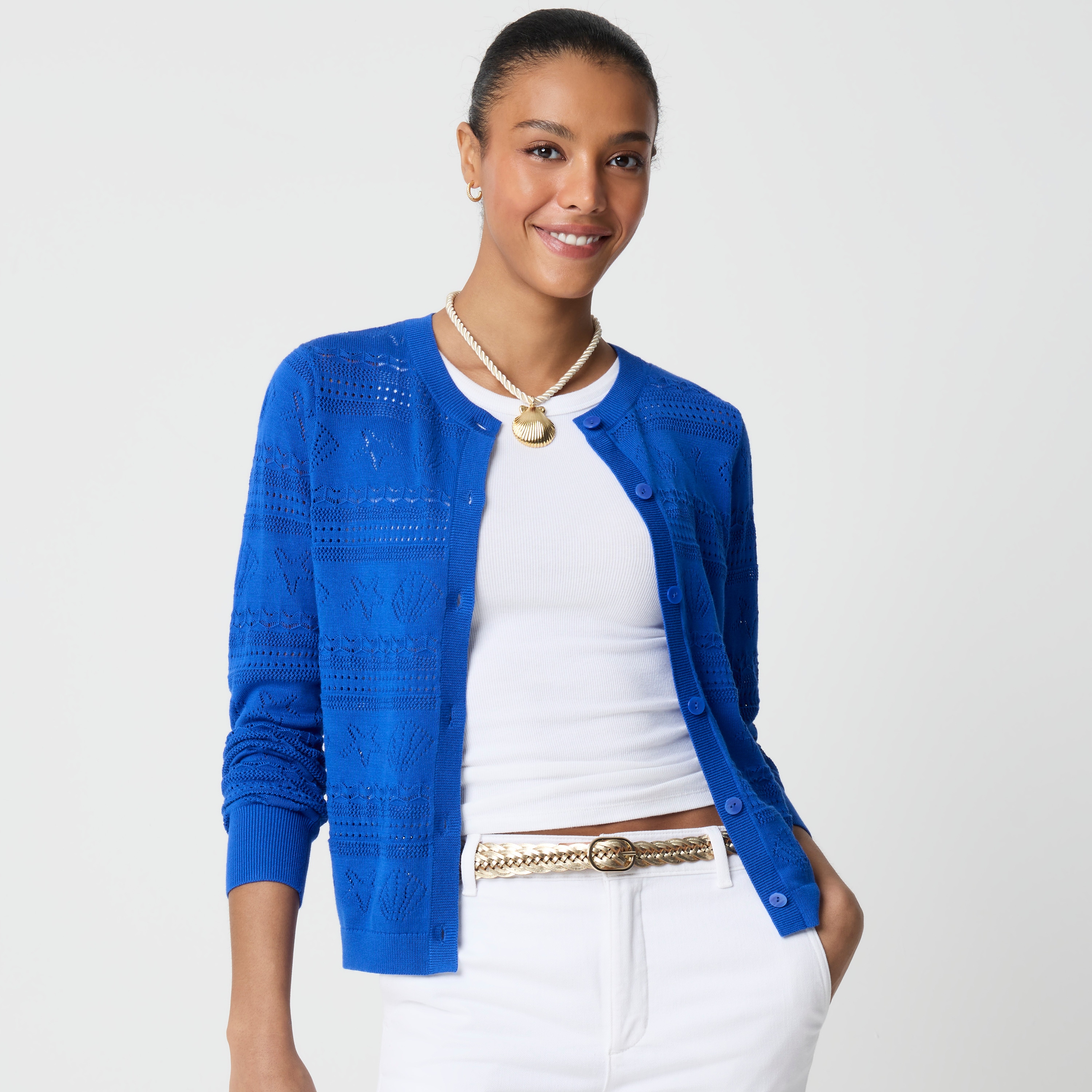 Seashell pointelle cardigan sweater