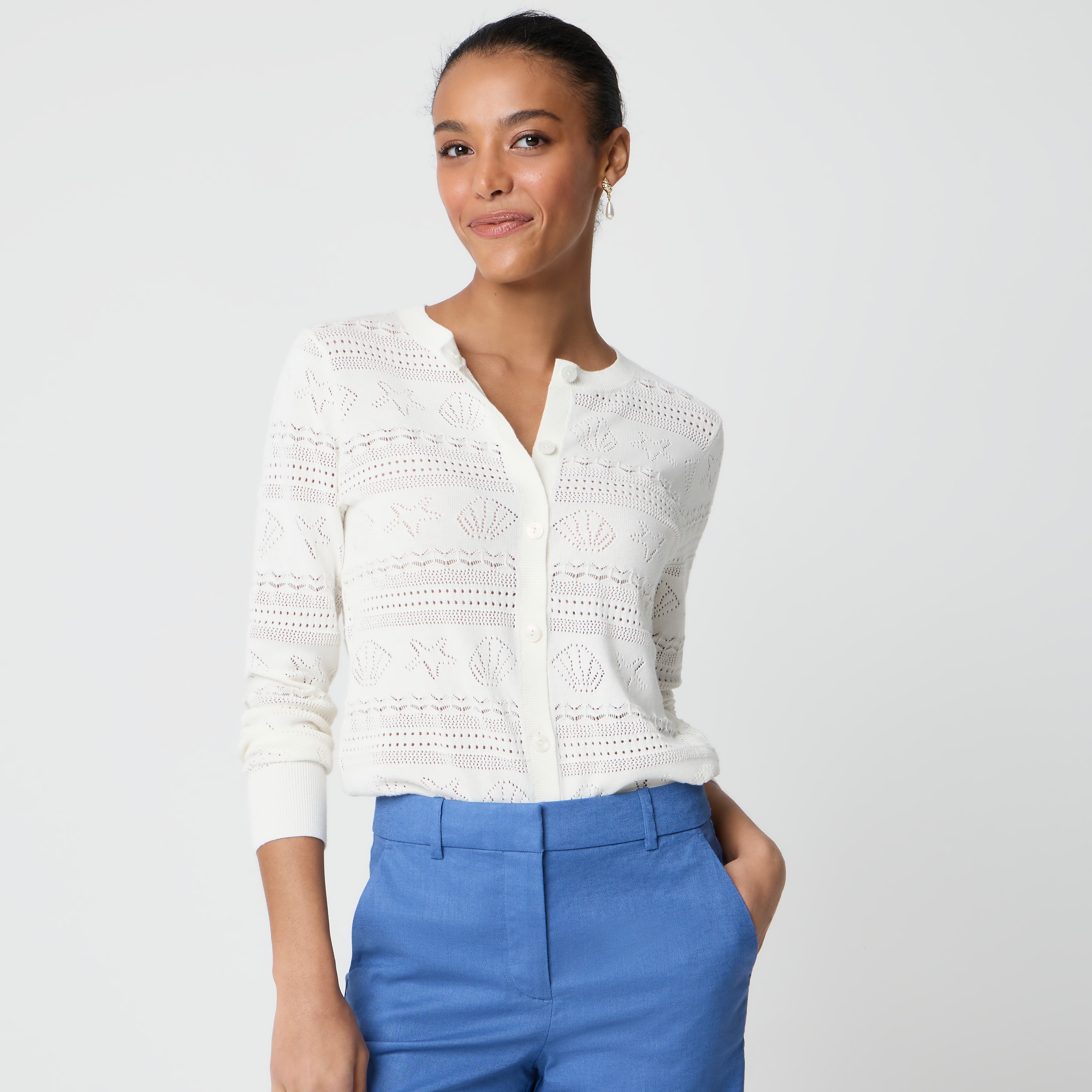 Seashell pointelle cardigan sweater