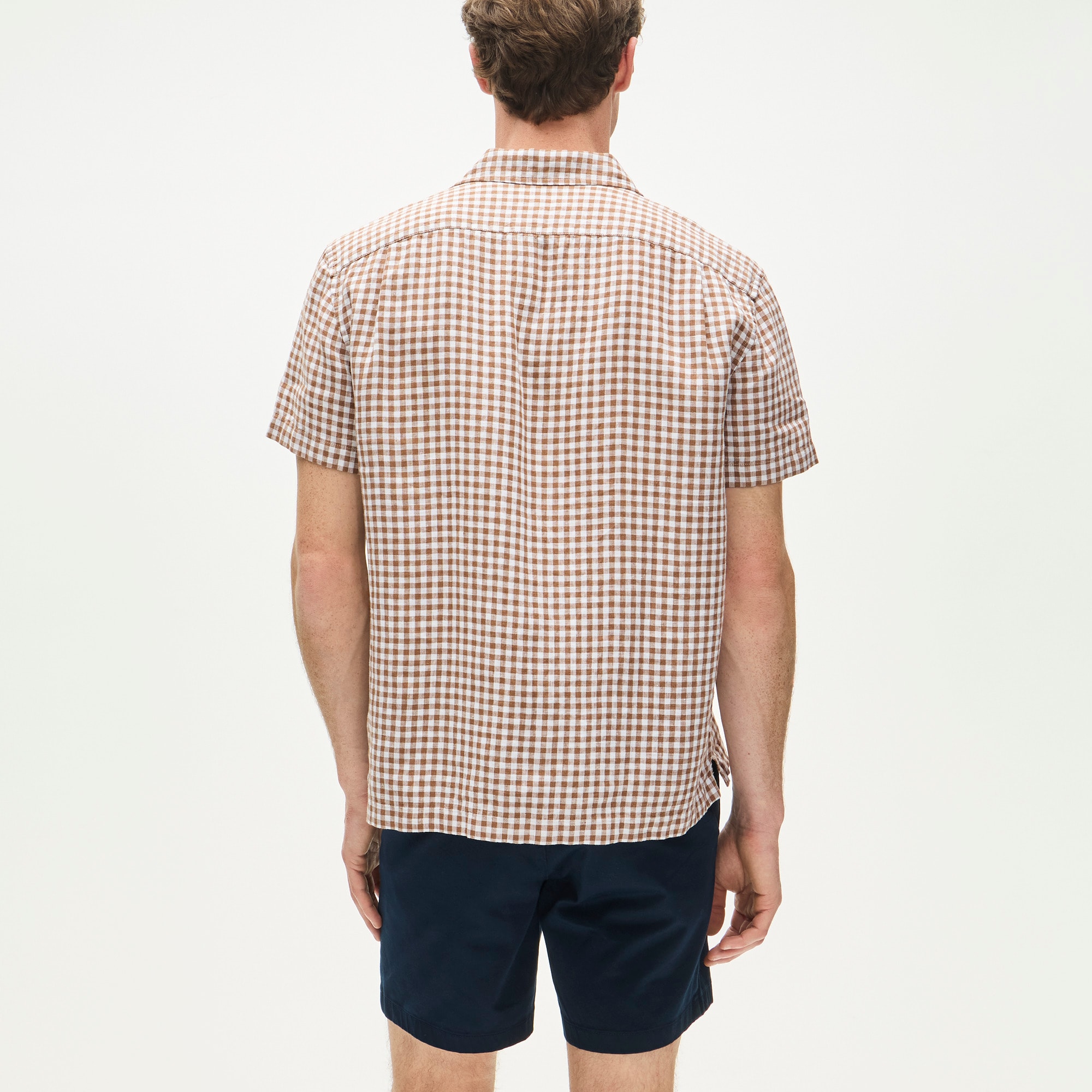 Short-sleeve linen camp-collar shirt in gingham
