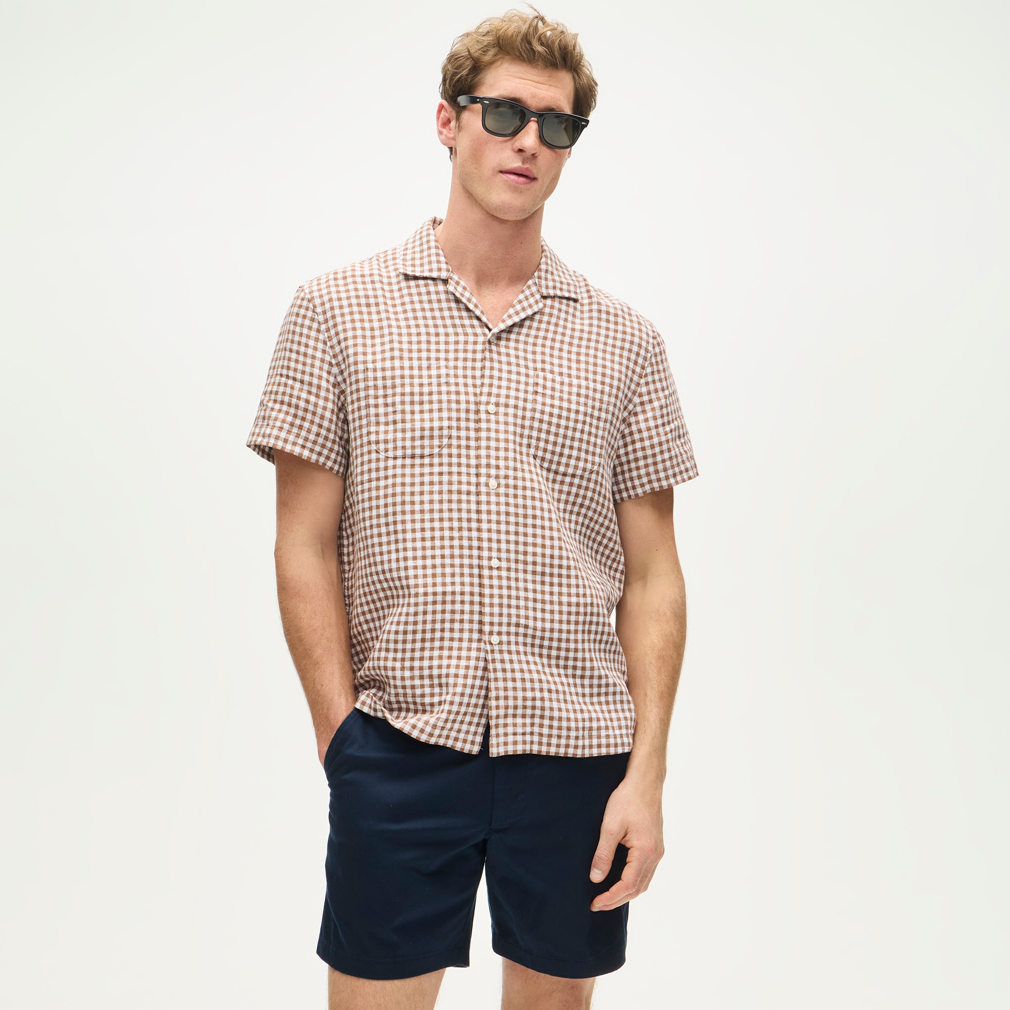 Short-sleeve Linen Camp-collar Shirt In Gingham For Men | J.Crew