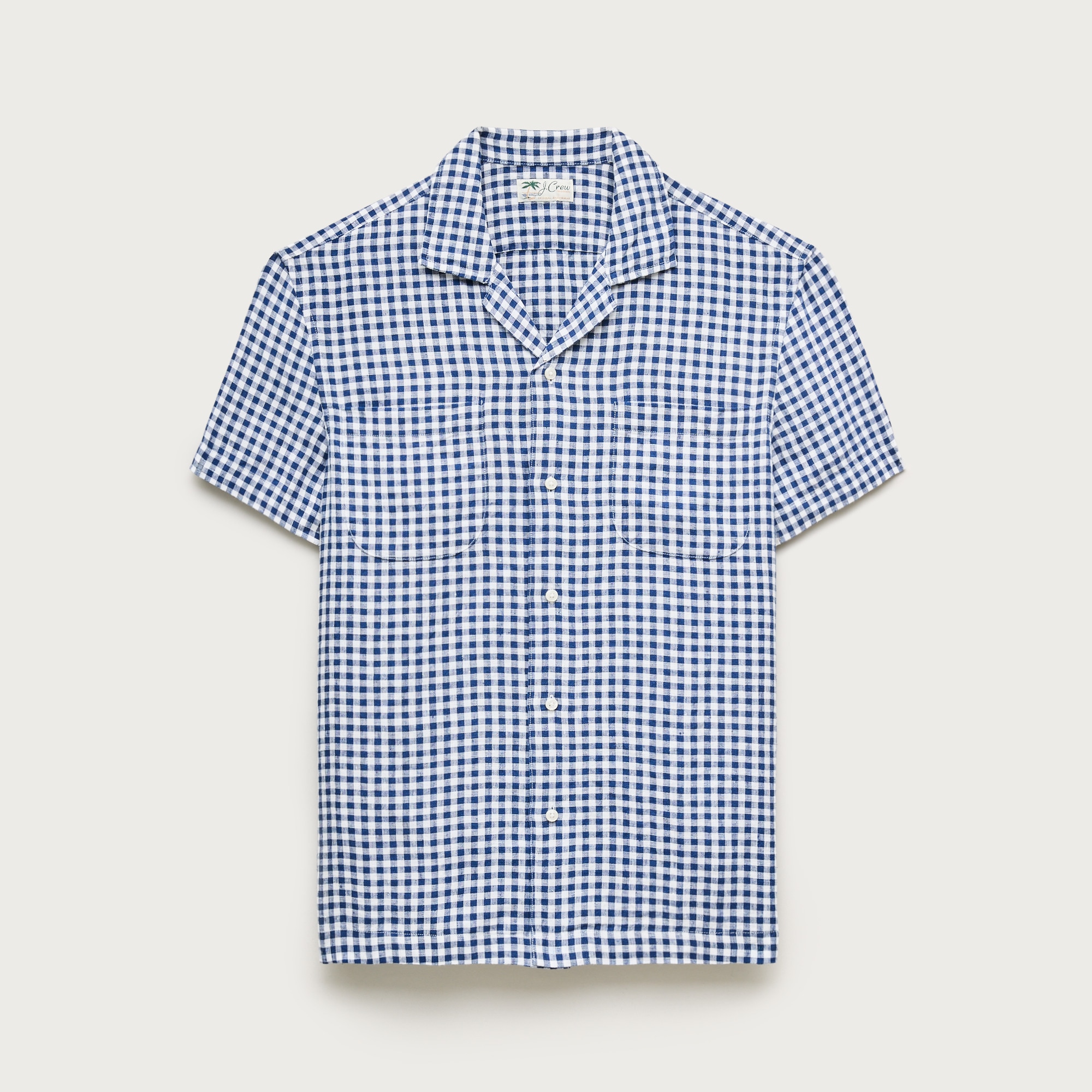 Short-sleeve Linen Camp-collar Shirt In Gingham For Men | J.Crew