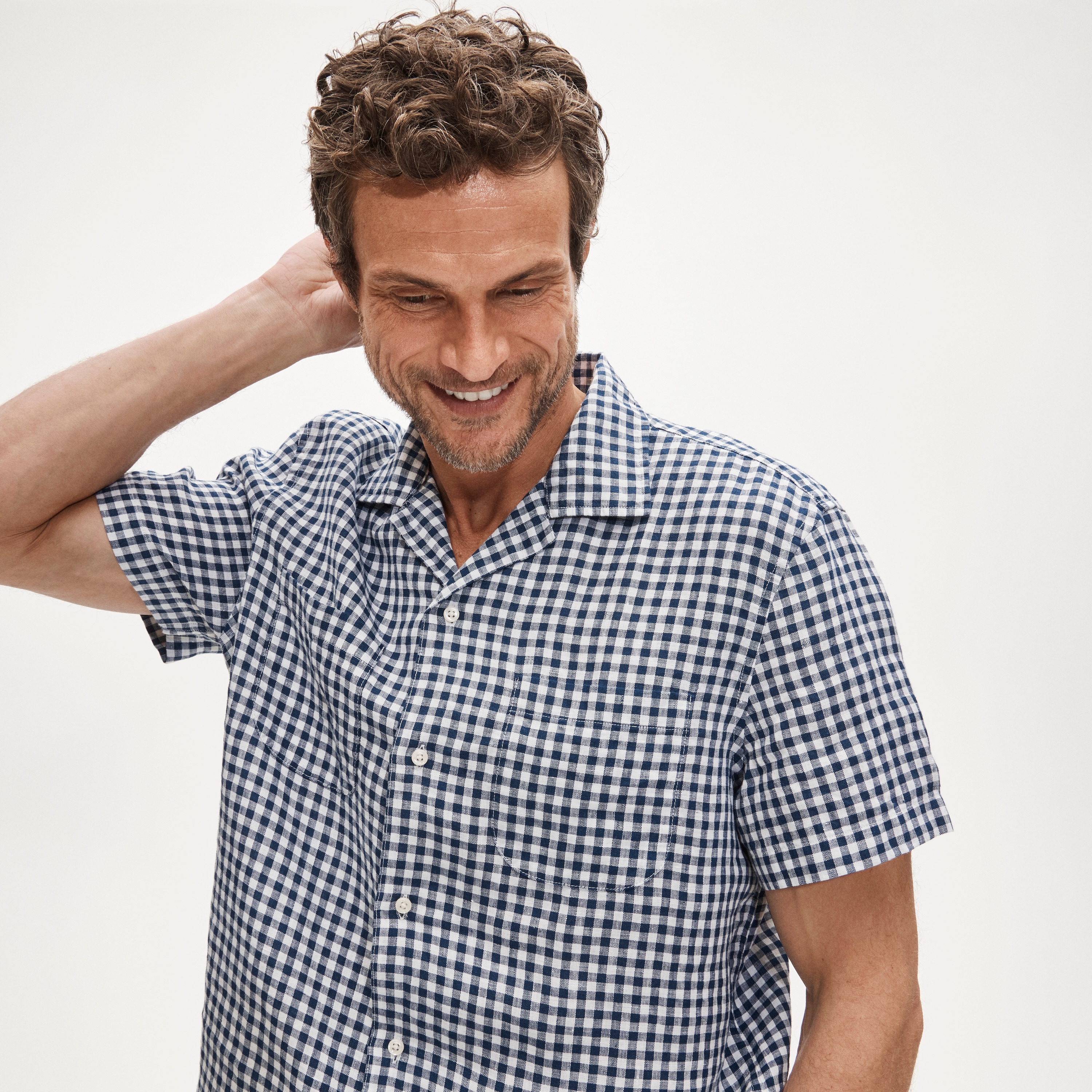 Short-sleeve Linen Camp-collar Shirt In Gingham For Men | J.Crew