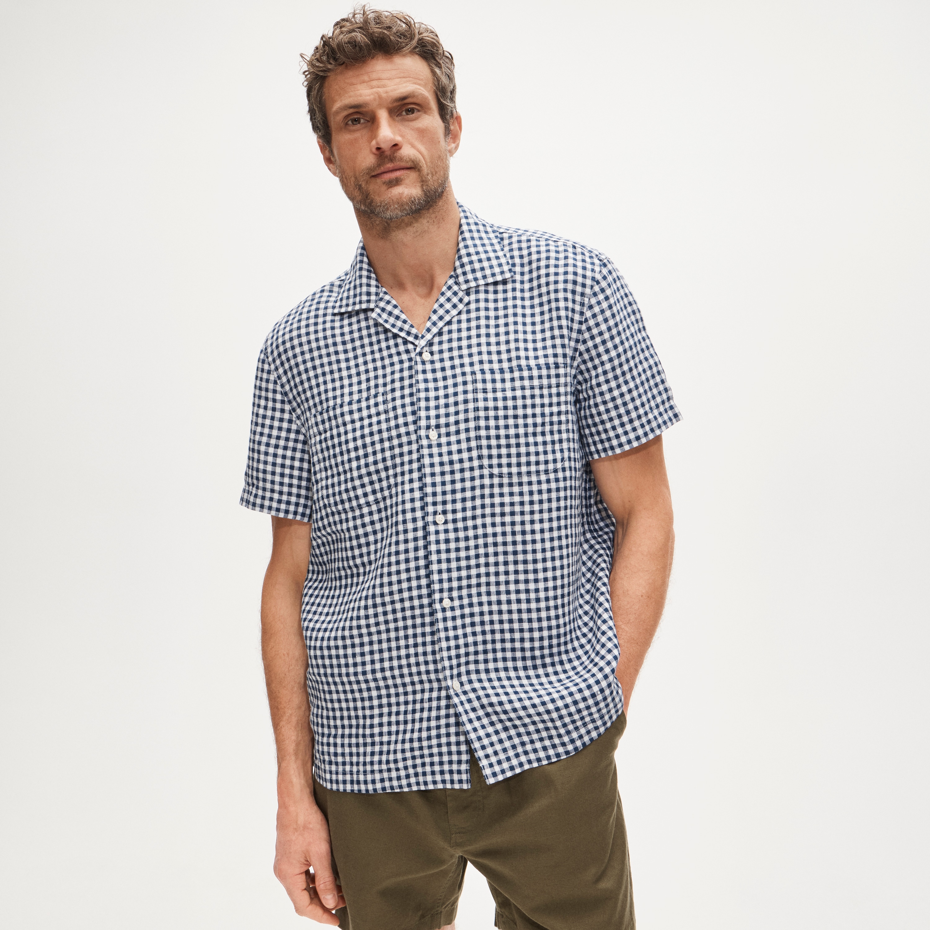 Short-sleeve Linen Camp-collar Shirt In Gingham For Men | J.Crew