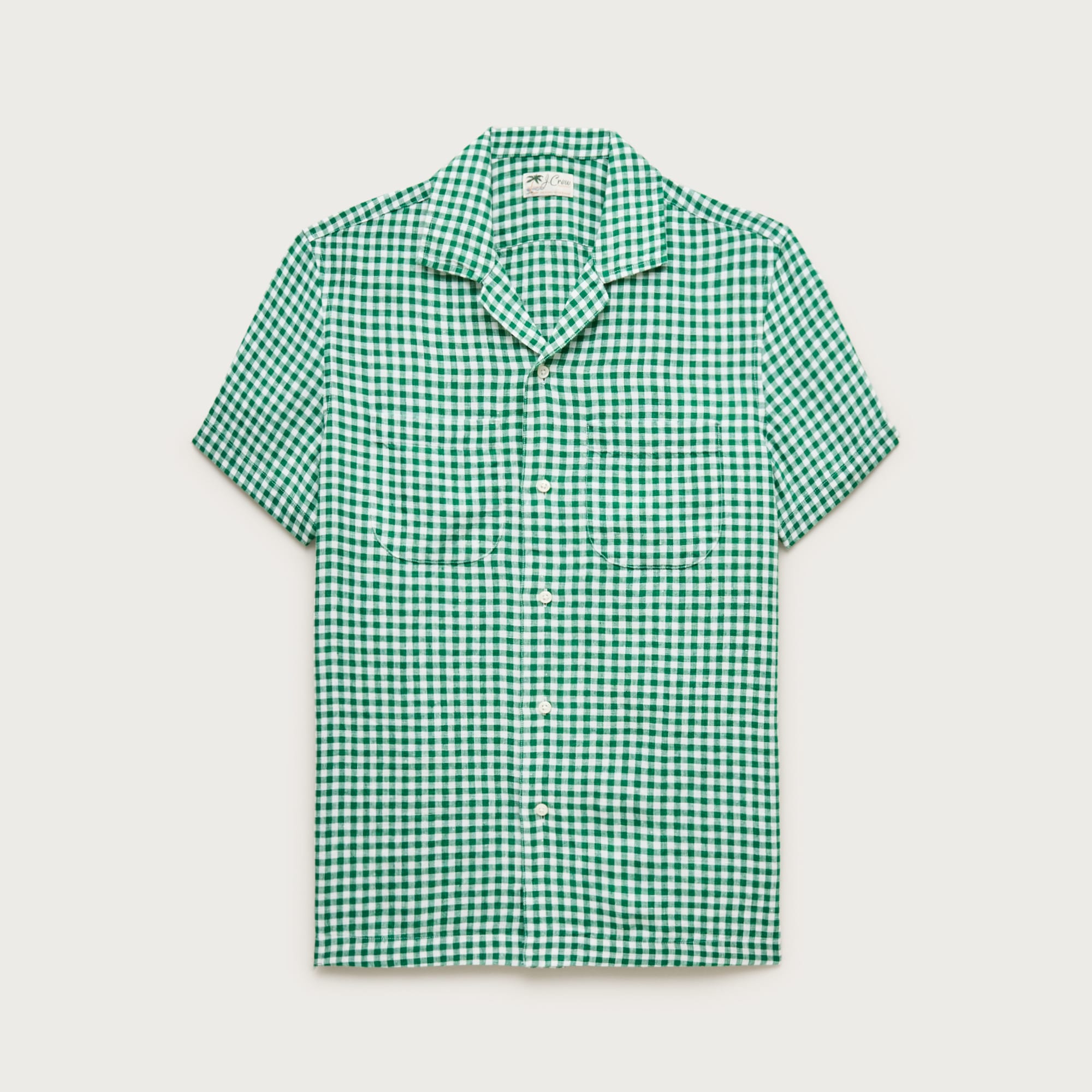 トップス ITALIAN COLLAR GINGHAM SHIRT Short-sleeve Linen Camp-collar Shirt In Gingham For Men | J.Crew