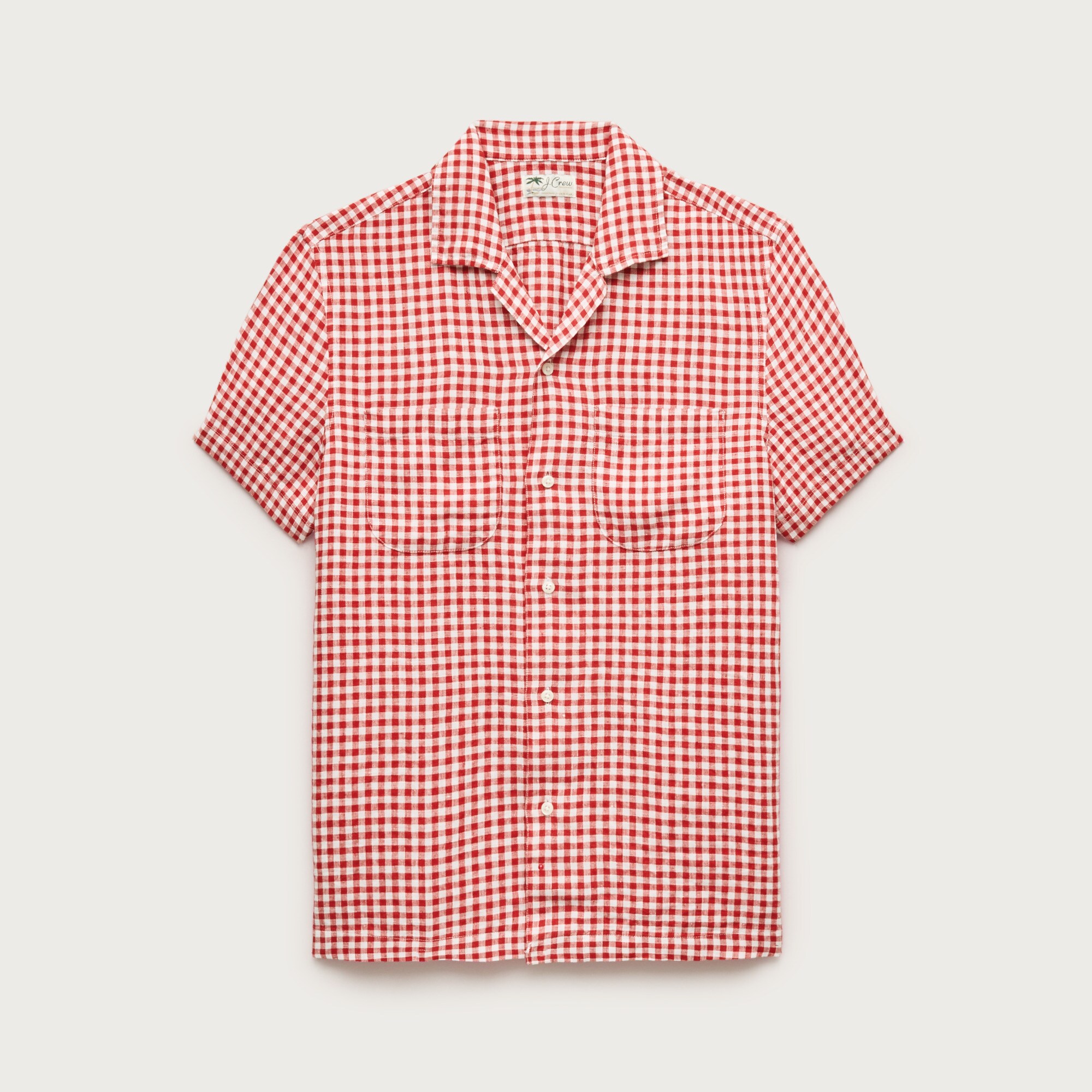 Short-sleeve linen camp-collar shirt in gingham