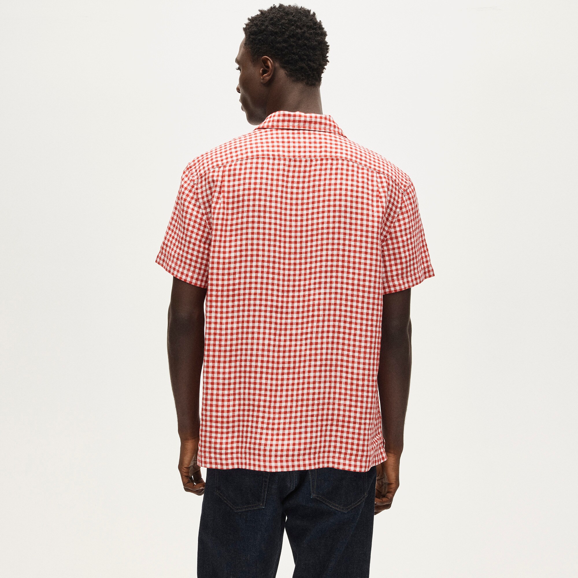 Short-sleeve linen camp-collar shirt in gingham