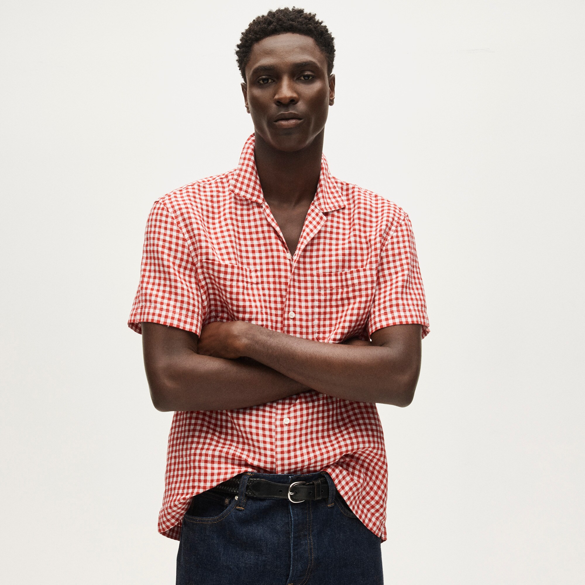 Short-sleeve linen camp-collar shirt in gingham