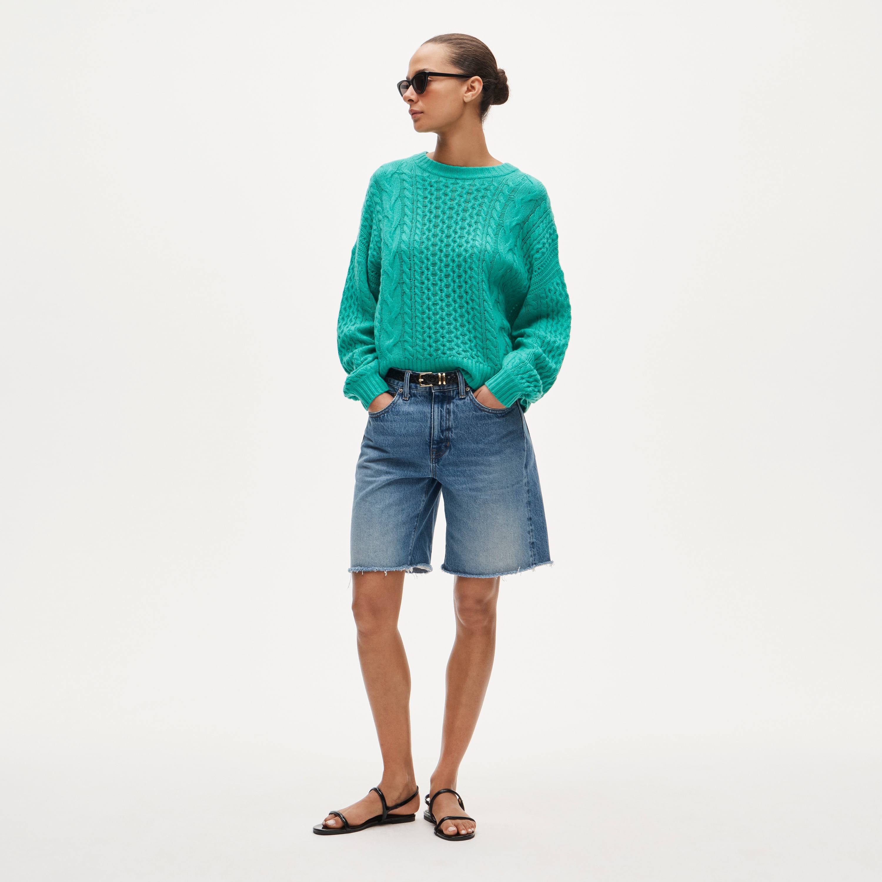 Cashmere cable-knit blouson-sleeve sweater