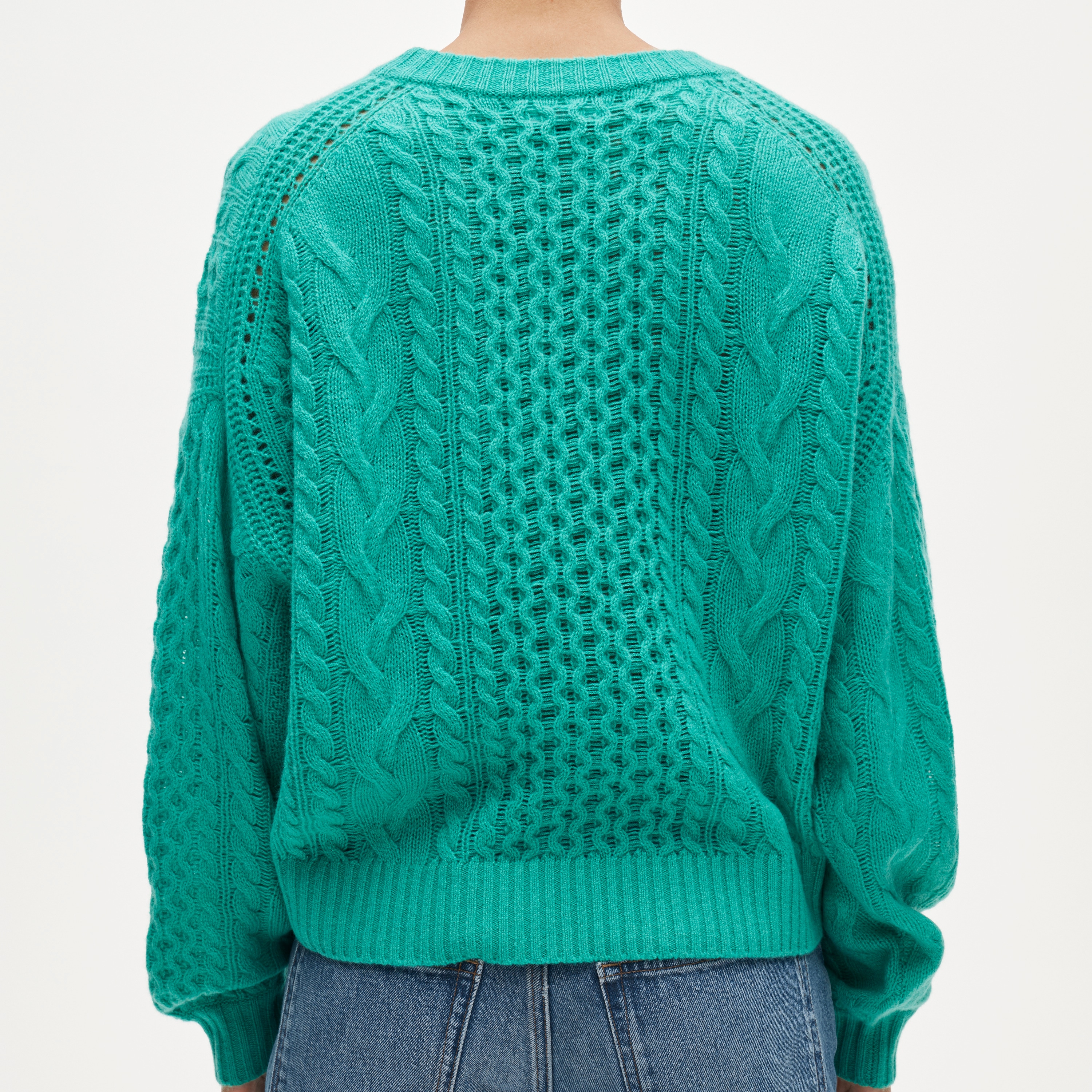 Cashmere cable-knit blouson-sleeve sweater
