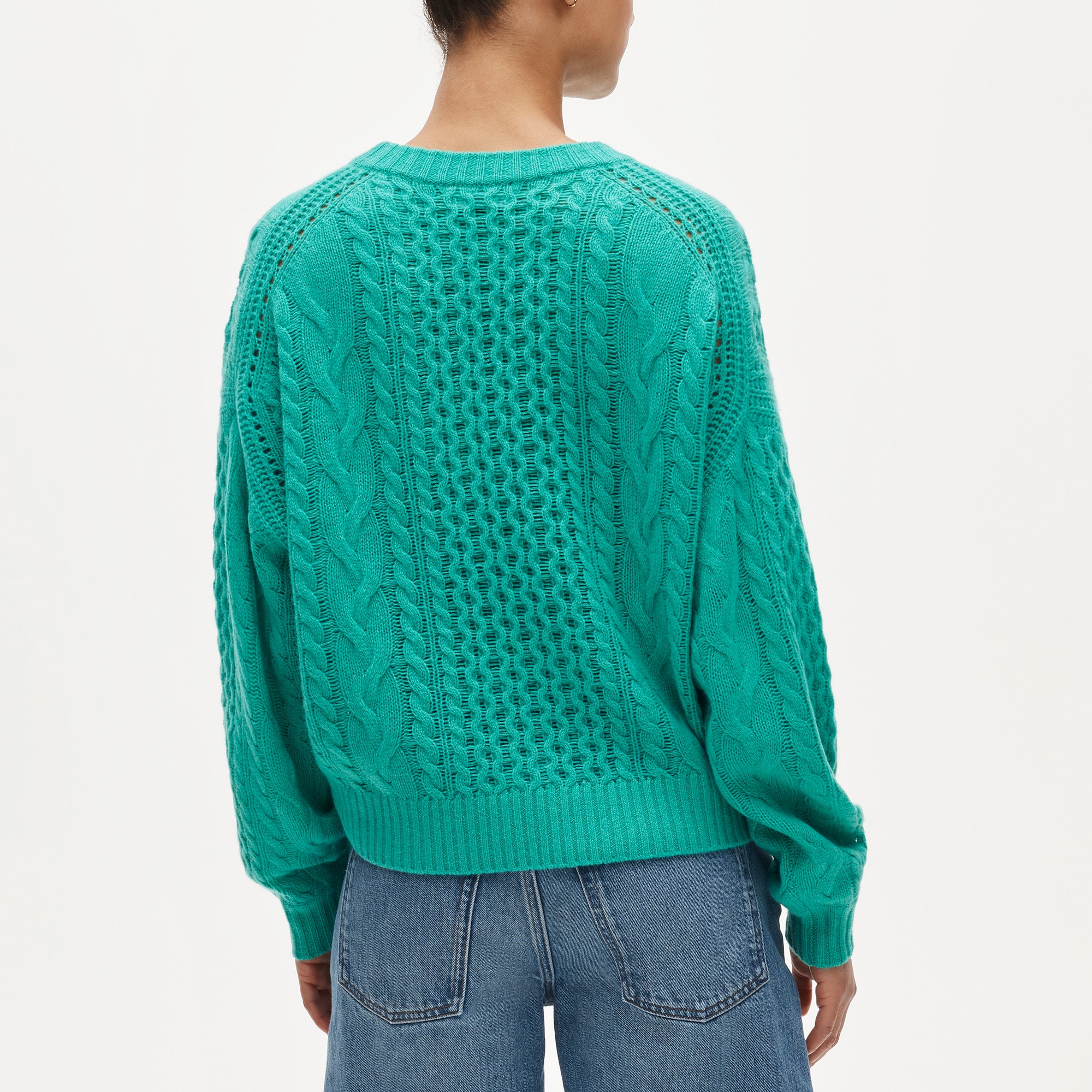 Cashmere cable-knit blouson-sleeve sweater