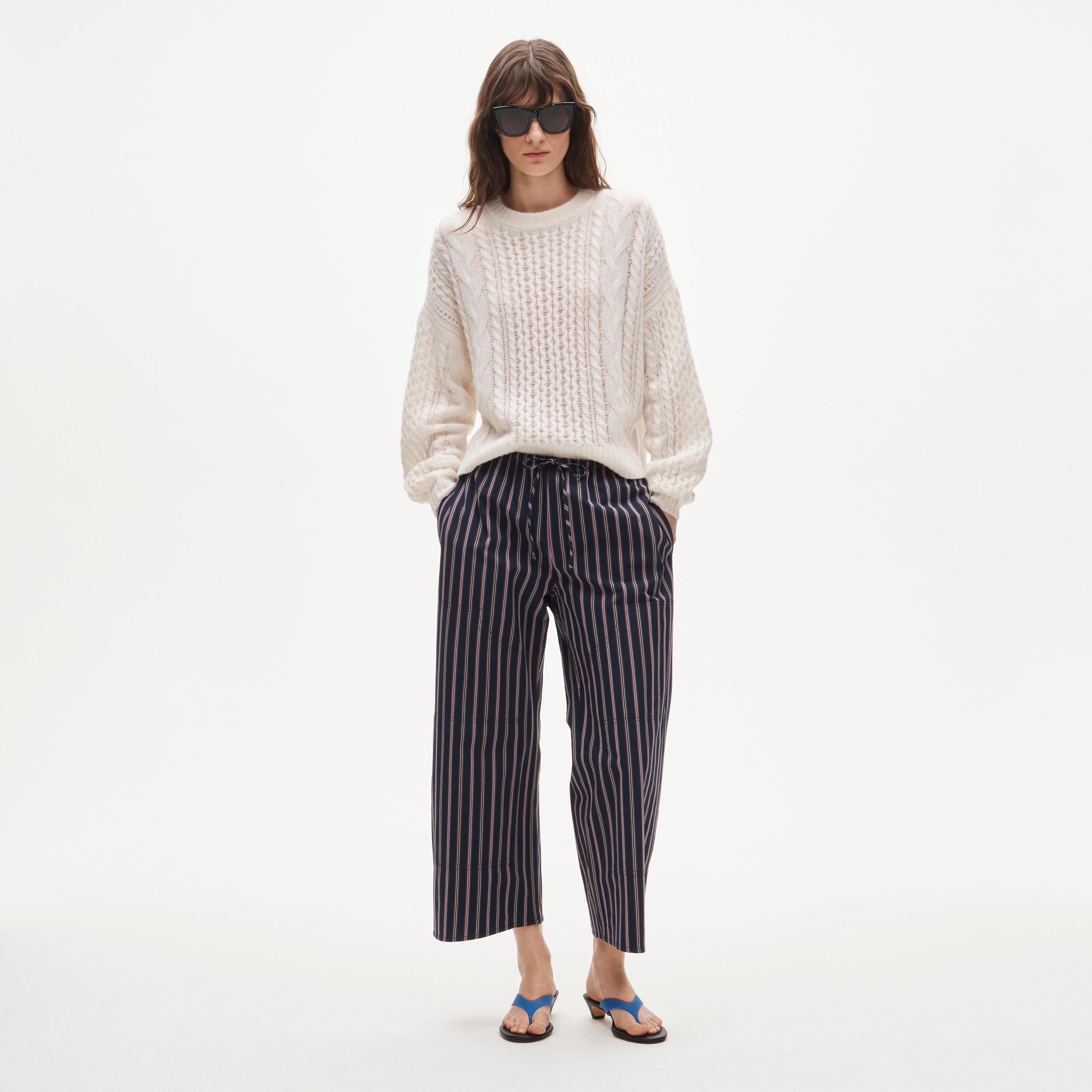 Cashmere cable-knit blouson-sleeve sweater